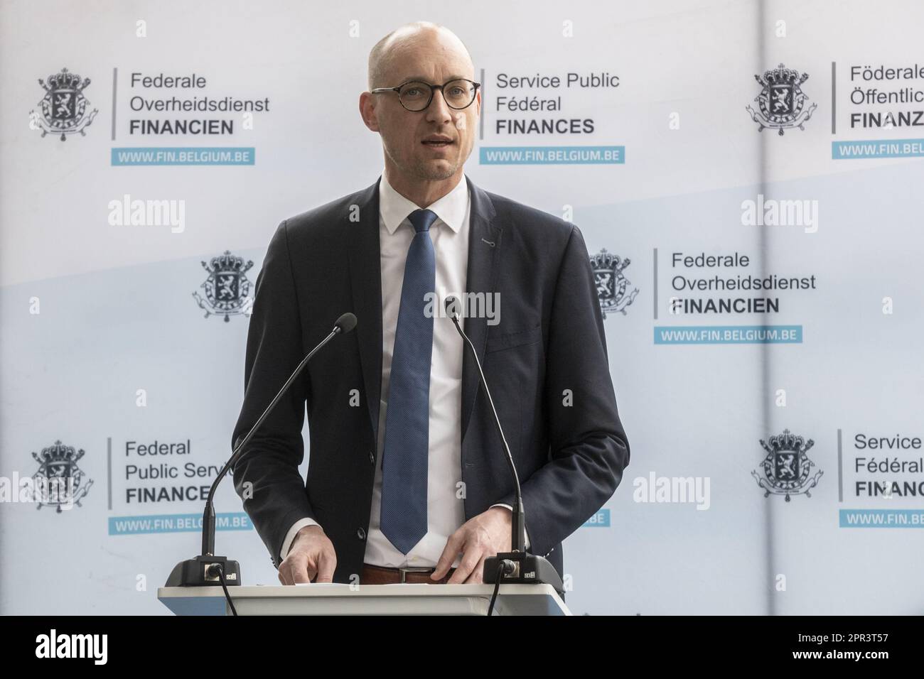 Brussels, Belgium. 26th Apr, 2023. Vice-prime minister and Finance Minister Vincent Van Peteghem pictured during a press conference of the federal finance ministry on the 2023 personal income tax declaration, Wednesday 26 April 2023, in Brussels. The fiscal novelties at both federal and regional level, the gender neutrality of the return, the harmonization of the submission deadlines and the service to help citizens to complete the return will be presented, in addition some practical matters are discussed BELGA PHOTO HATIM KAGHAT Credit: Belga News Agency/Alamy Live News Stock Photo