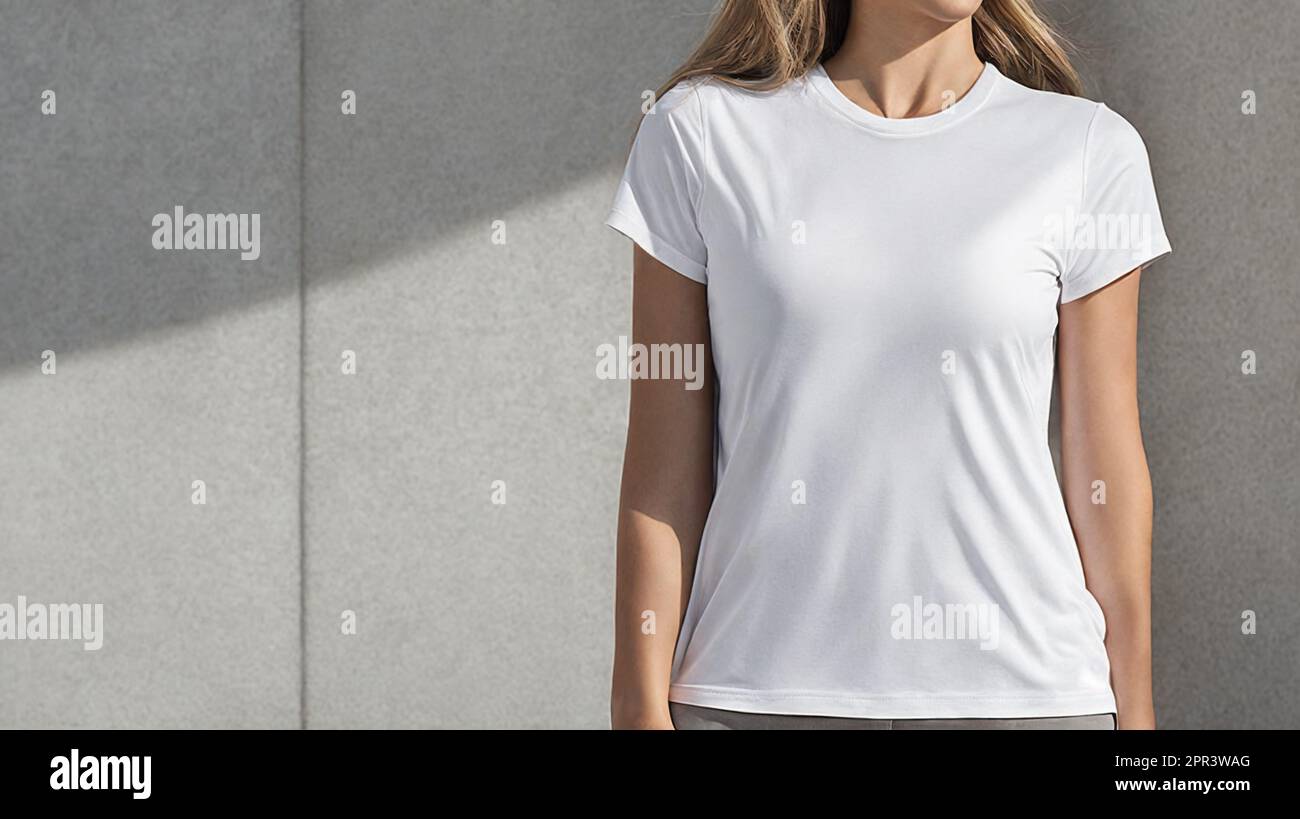 Blond woman wearing a white t-shirt on grey background. Template or mockup for clothing design Stock Photo
