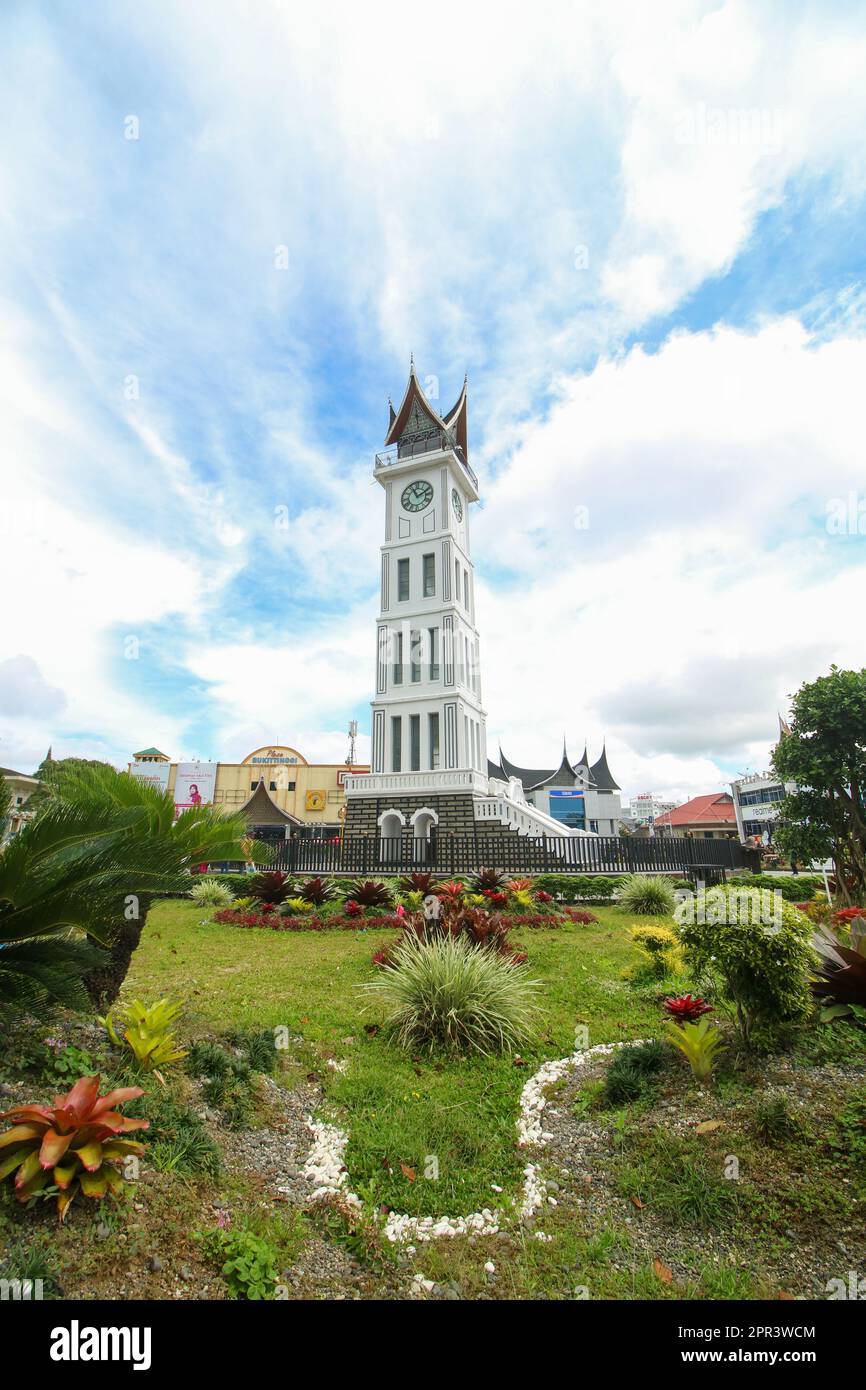 Bukittinggi, Indonesia - June 1 2021: Portrait of Jam Gadang or Clock Tower Bukittinggi. Located in the center of Bukittinggi Stock Photo