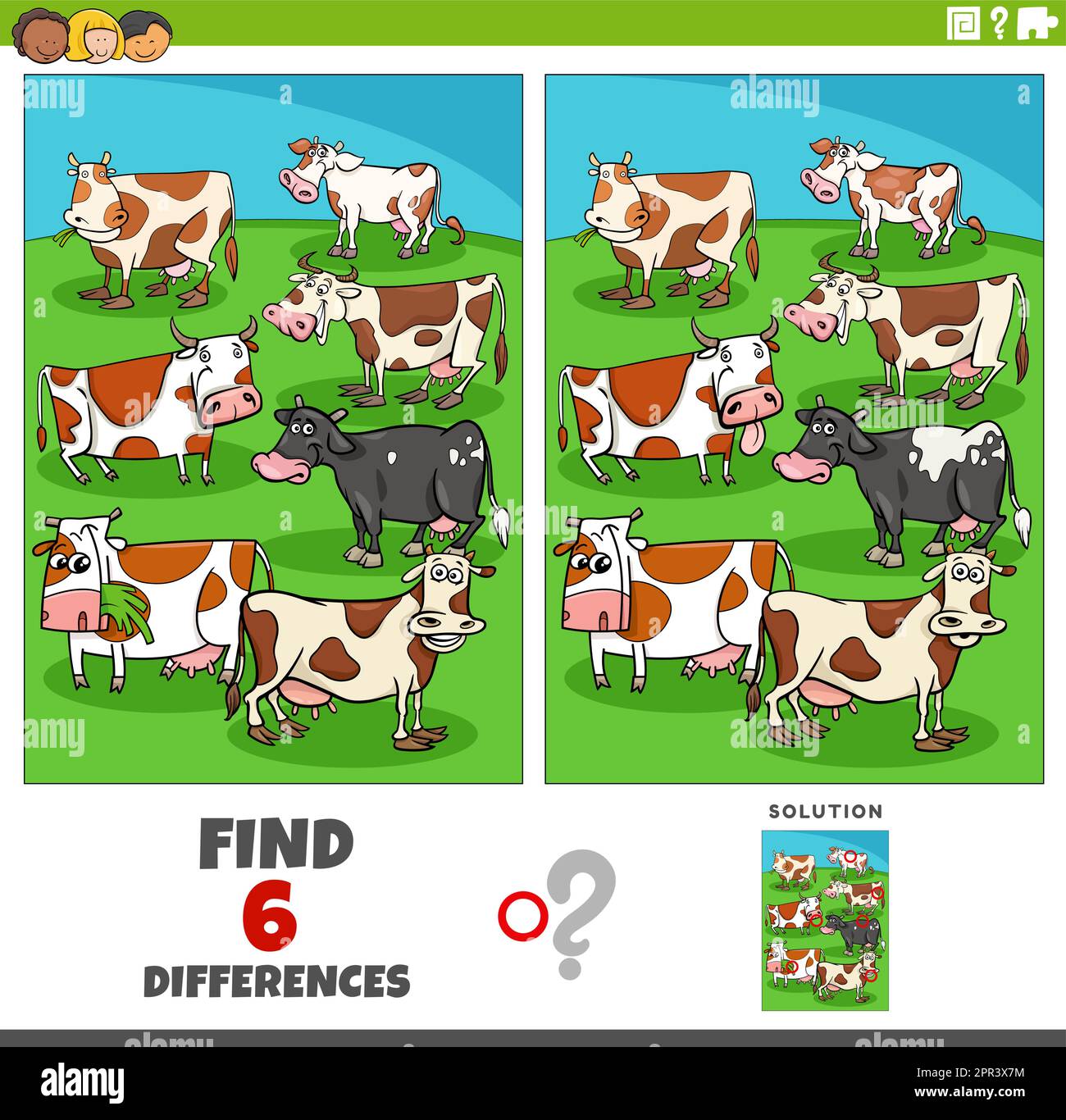 differences game with cartoon cows farm animal characters Stock Vector