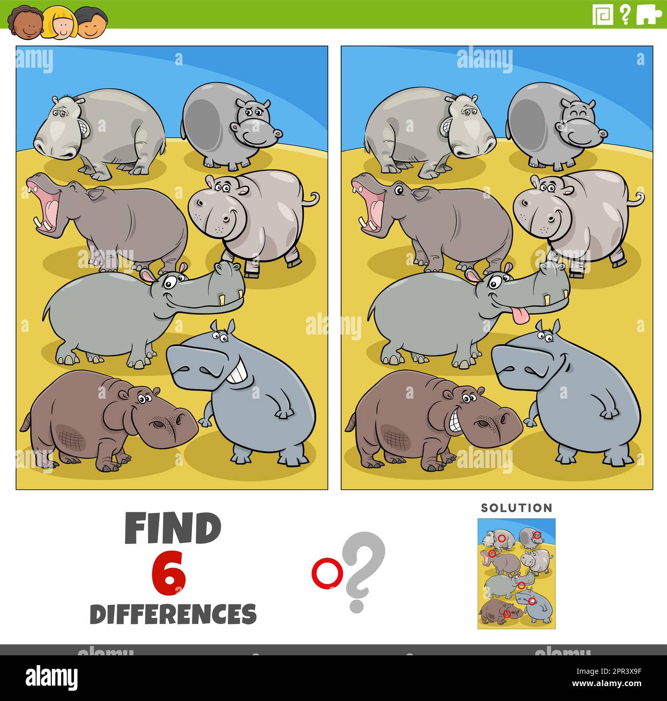 differences game with cartoon hippos wild animal characters Stock ...