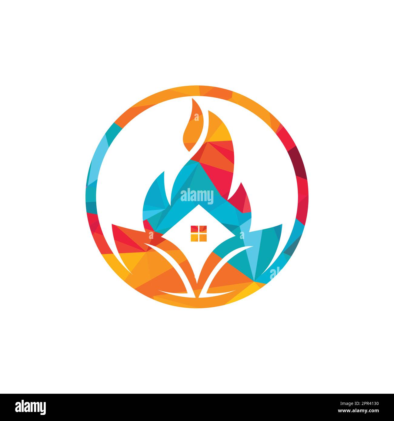 House restore from disaster vector logo template. Home fire with leaf