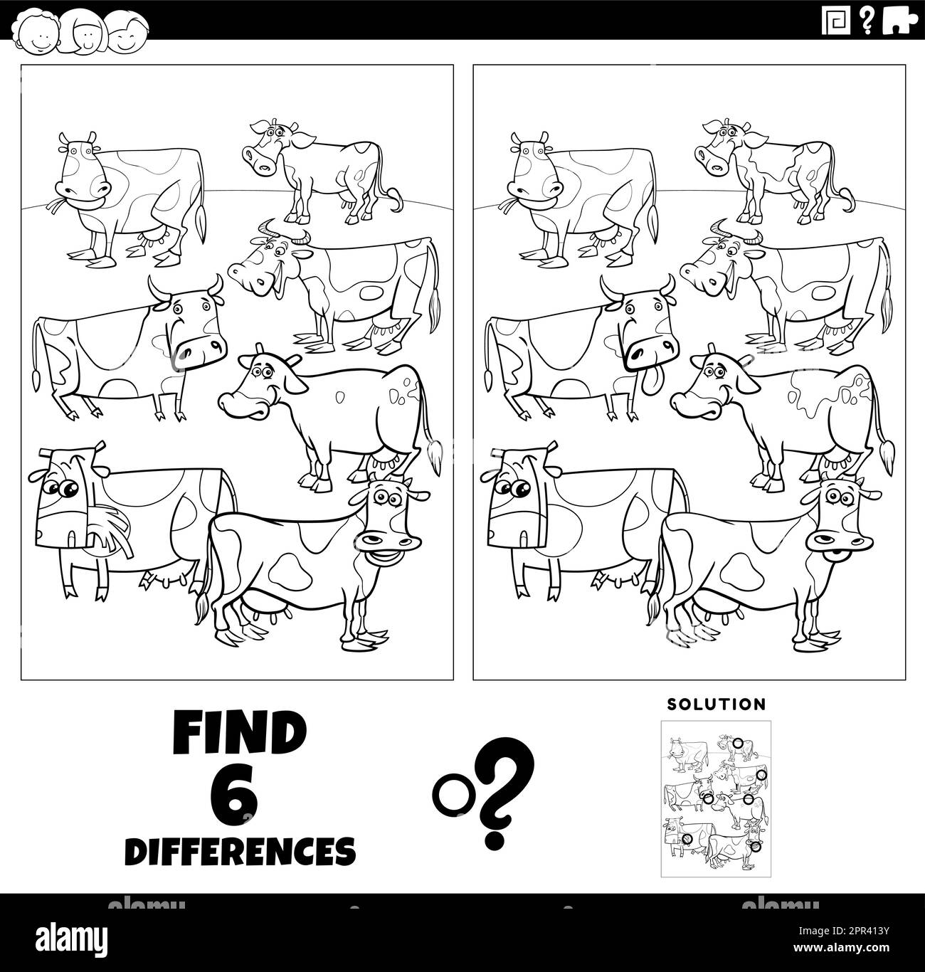 differences game with cartoon cows farm animals coloring page Stock Vector