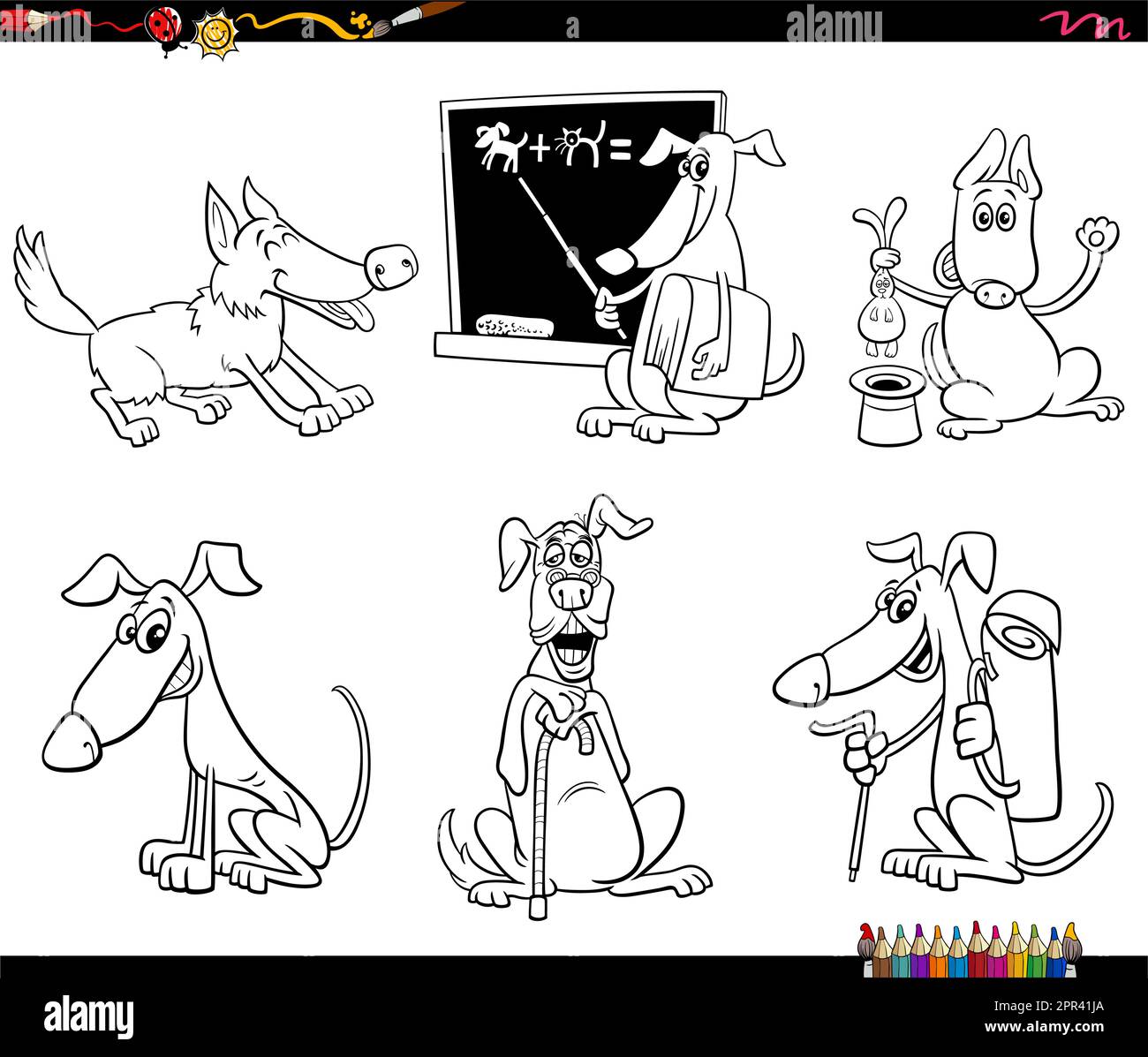 cartoon dogs animal characters set coloring page Stock Vector Image
