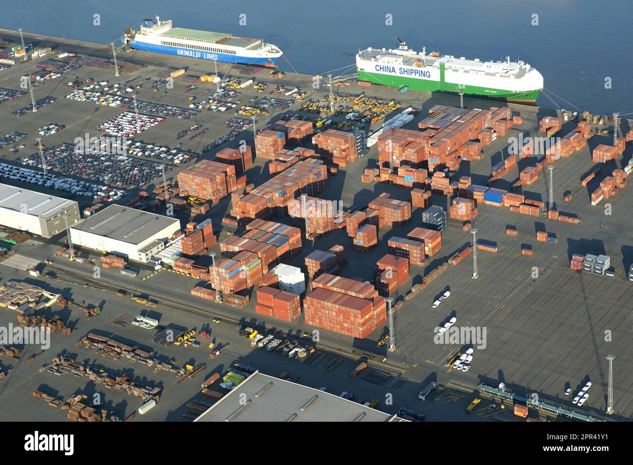 Car terminal at the port of Antwerp, aerial view, Belgium, Antwerp