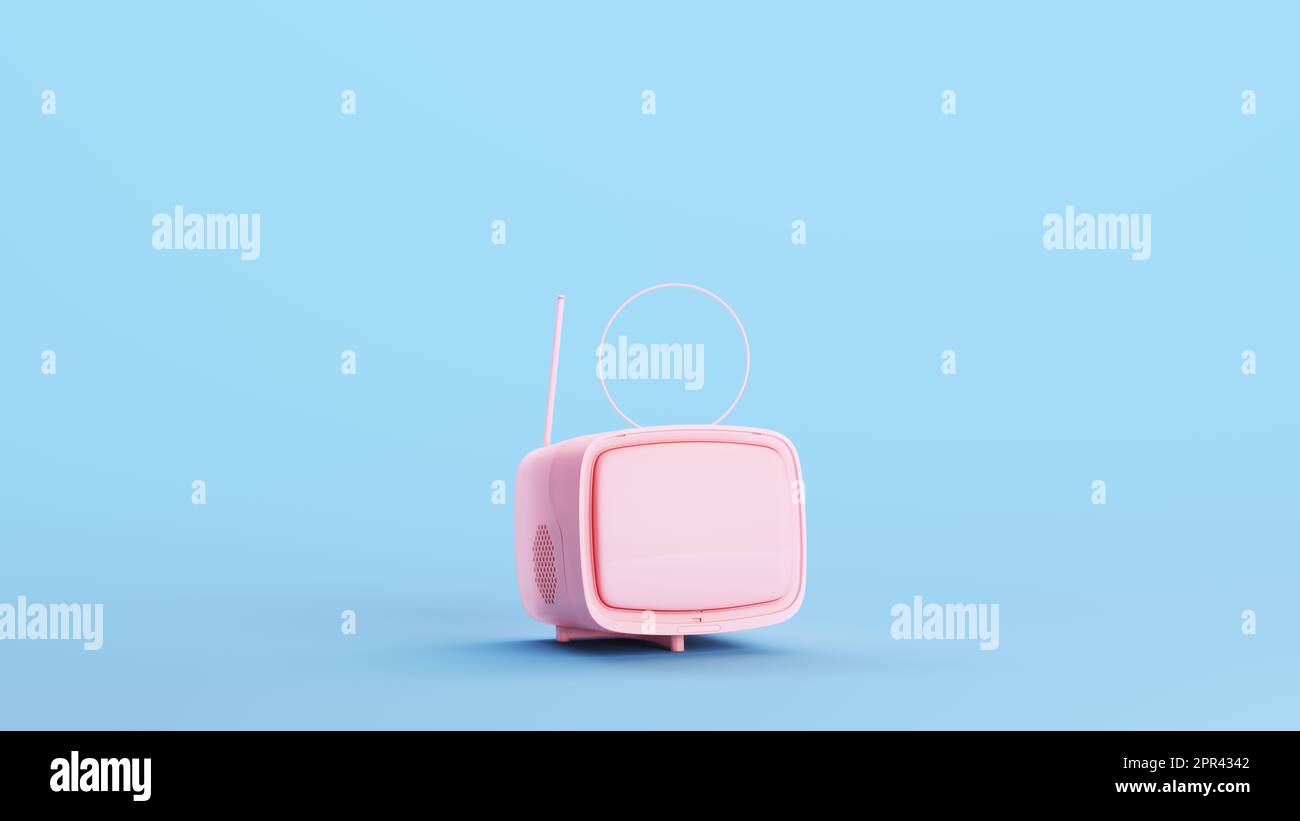 Pink TV Television Set Vintage 70s 60s Screen Kitsch Blue Background 3d