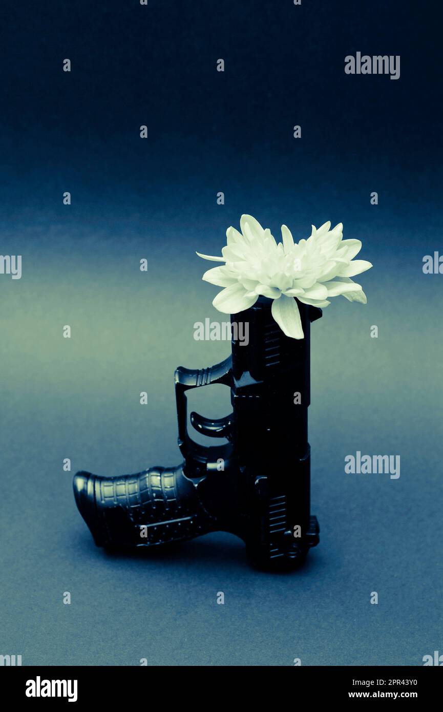 handgun with a flower inside the barrel Stock Photo