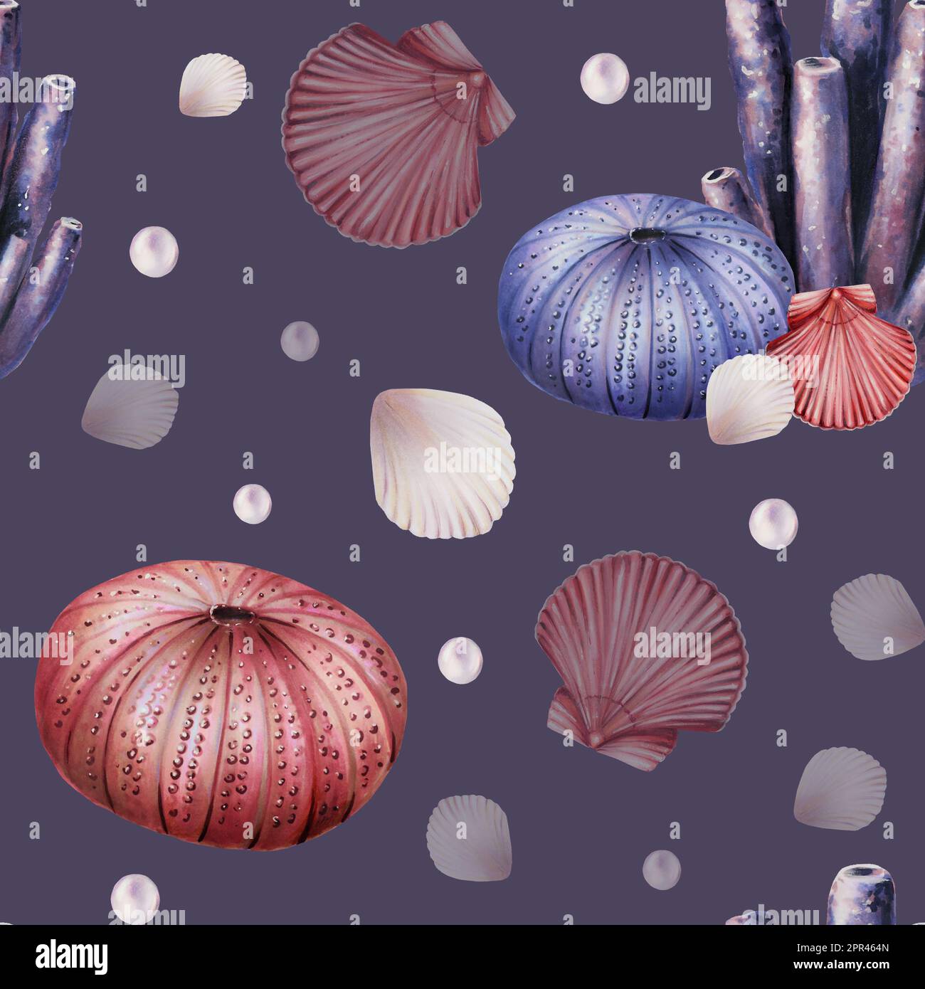 Watercolor seamless pattern with corals, urchin, shells and pearls ...