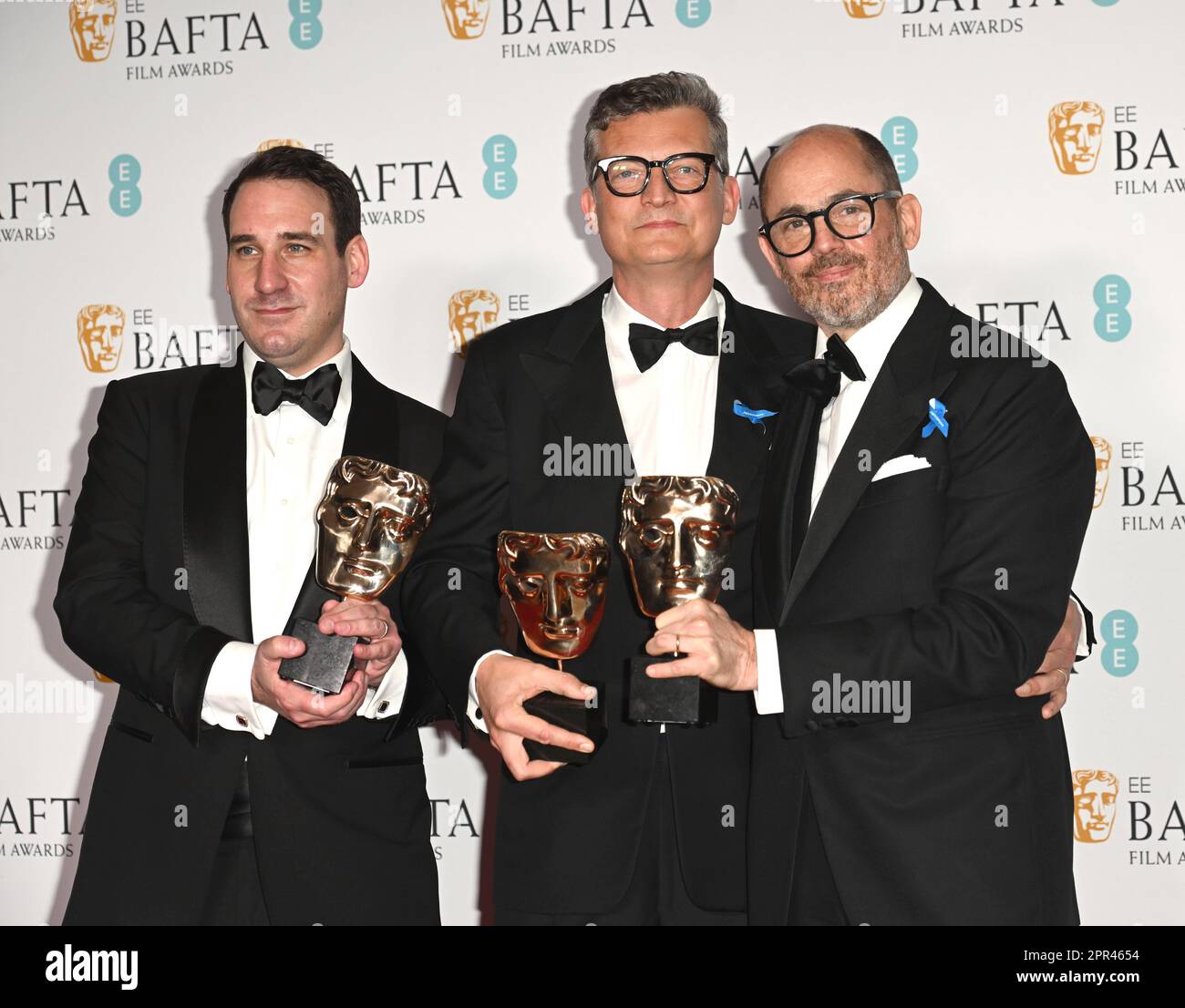 Photo Must Be Credited ©Alpha Press 085000 19/02/2023 James Friend Malte Grunert and  Edward Berger EE Bafta British Academy Film Awards 2023 Pressroom At The Royal Festival Hall In London Stock Photo