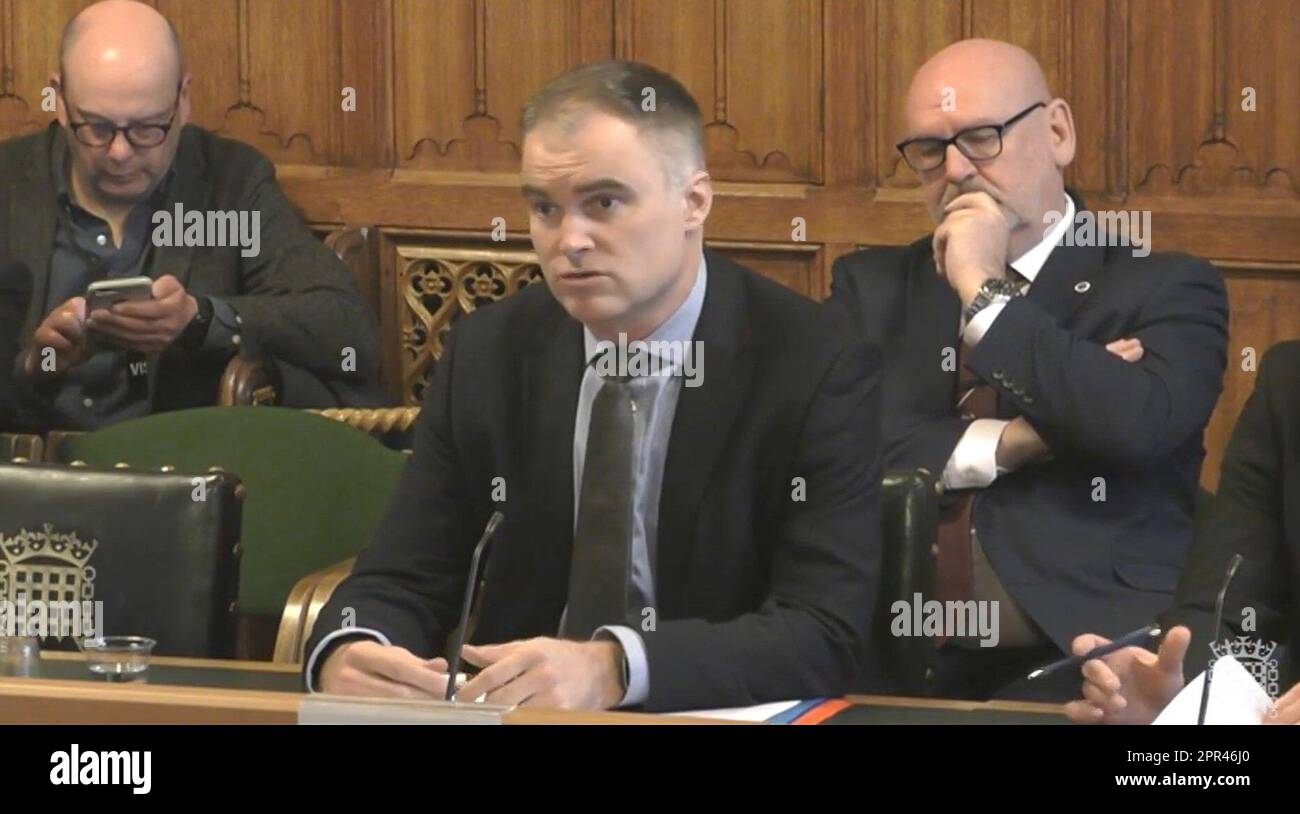 Tom Joyner, managing director of Cross Country Trains, answering questions in front of the Transport Select Committee in the House of Commons, London, on the subject of minimum service levels for rail. Picture date: Wednesday April 26, 2023. Stock Photo