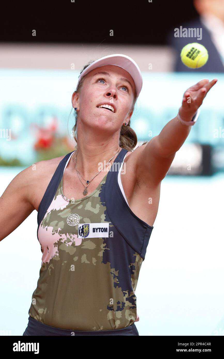 Magdalena Frech of Poland in action against Madison Keys of the United States during the first round of the 2021 bett1open WTA 500 tennis tournament on June 14, 2021 at Rot-Weiss Tennis