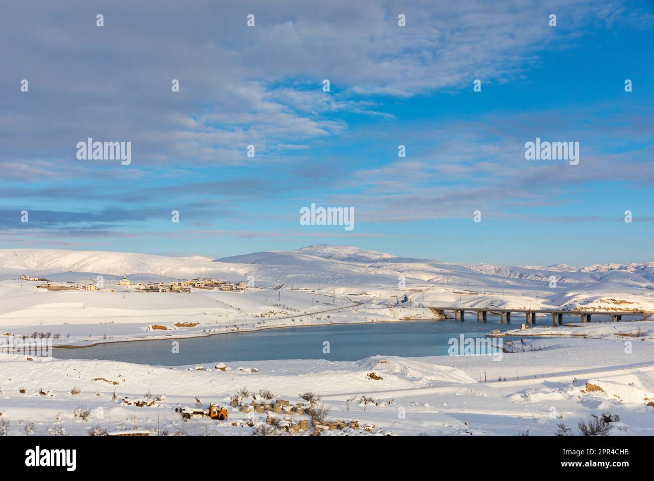 Erzincan Province, İliç District with snowy landscapes, river and historical bridge Stock Photo