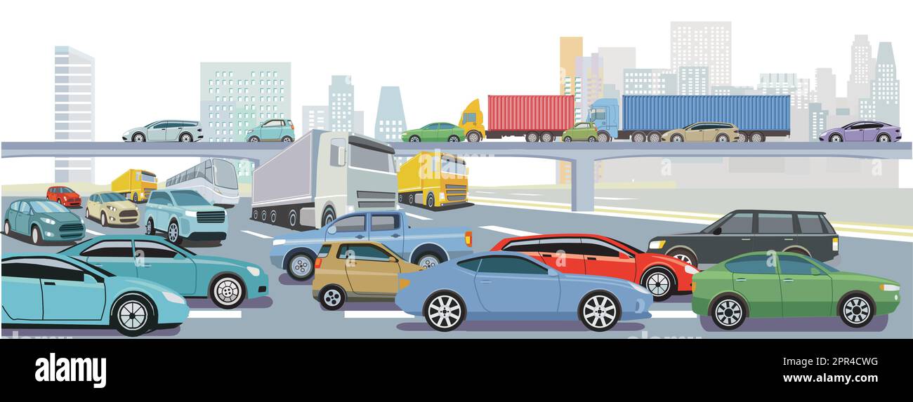 StraÃŸenverkehr mit Autos und Lastwagen im im Verkehrsstau Illustration Stock Vector