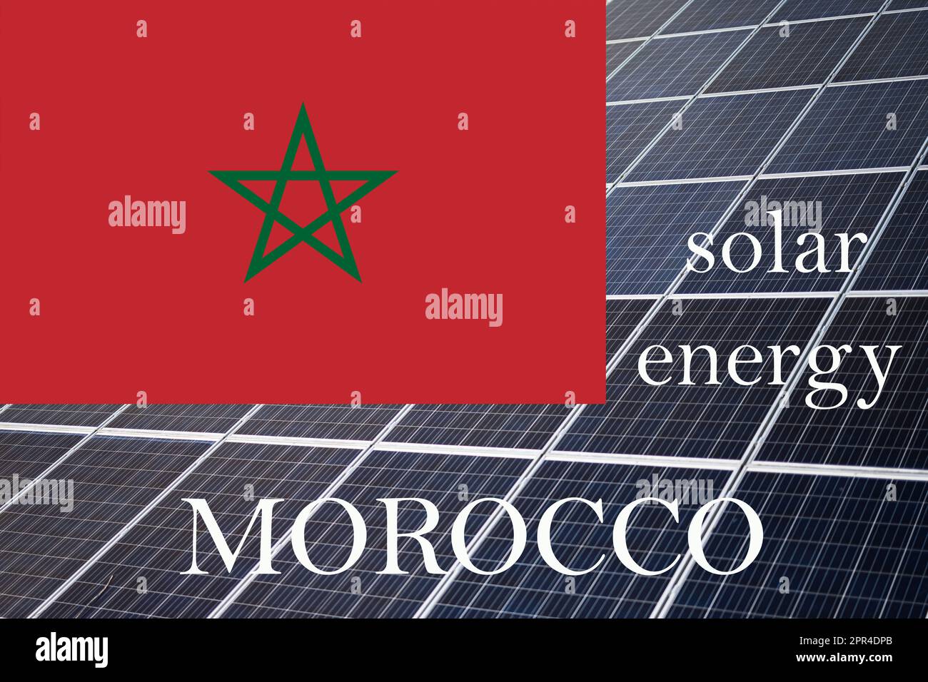 Solar energy panels with Morocco flag background. Sustainable resources