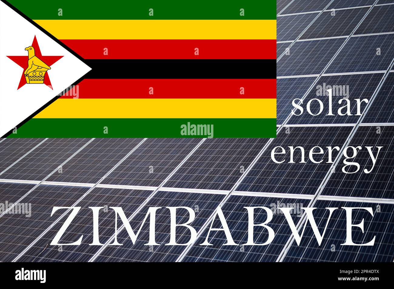 Solar energy panels with Zimbabwe flag background. Sustainable resources and renewable
