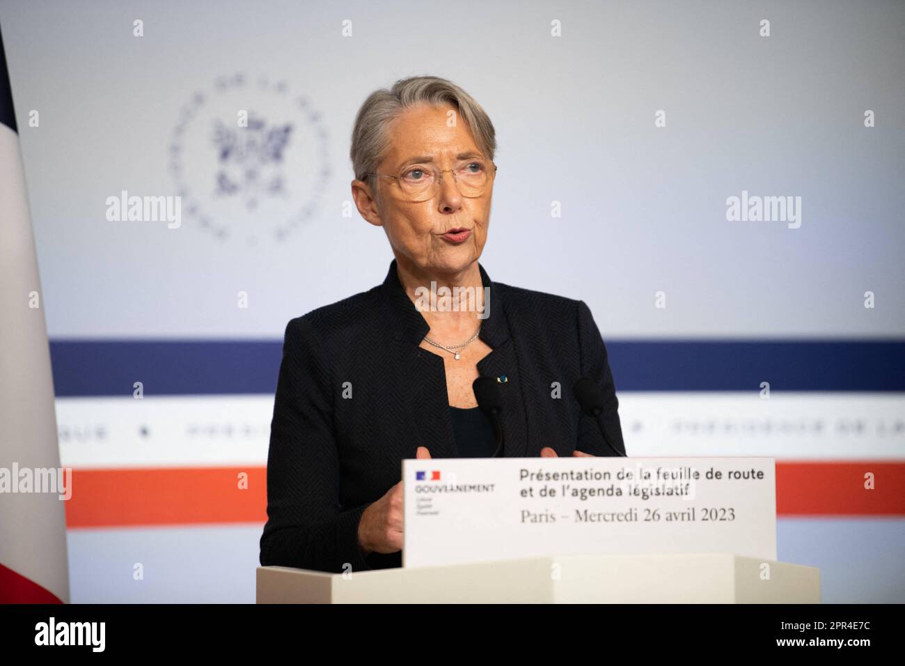 Paris, France. 26th Apr, 2023. Prime Minister Elisabeth Borne addresses a press conference after the weekly cabinet meeting at the Elysee Presidential palace in Paris, France on April 26, 2023. The French Prime Minister reveals on April 26, 2023, a 'legislative agenda' as part of the government's plan for '100 days of appeasement' and 'of action' announced by the French President in his latest televised speech after passing a heavily contested pensions reform. Photo by Jeanne Accorsini/Pool/ABACAPRESS.COM Credit: Abaca Press/Alamy Live News Stock Photo