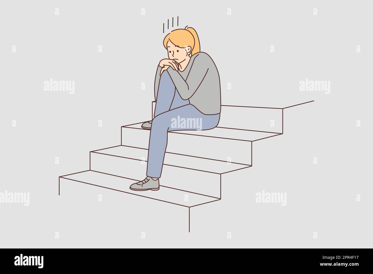 Unhappy woman sit on stairs suffer from loneliness Stock Vector