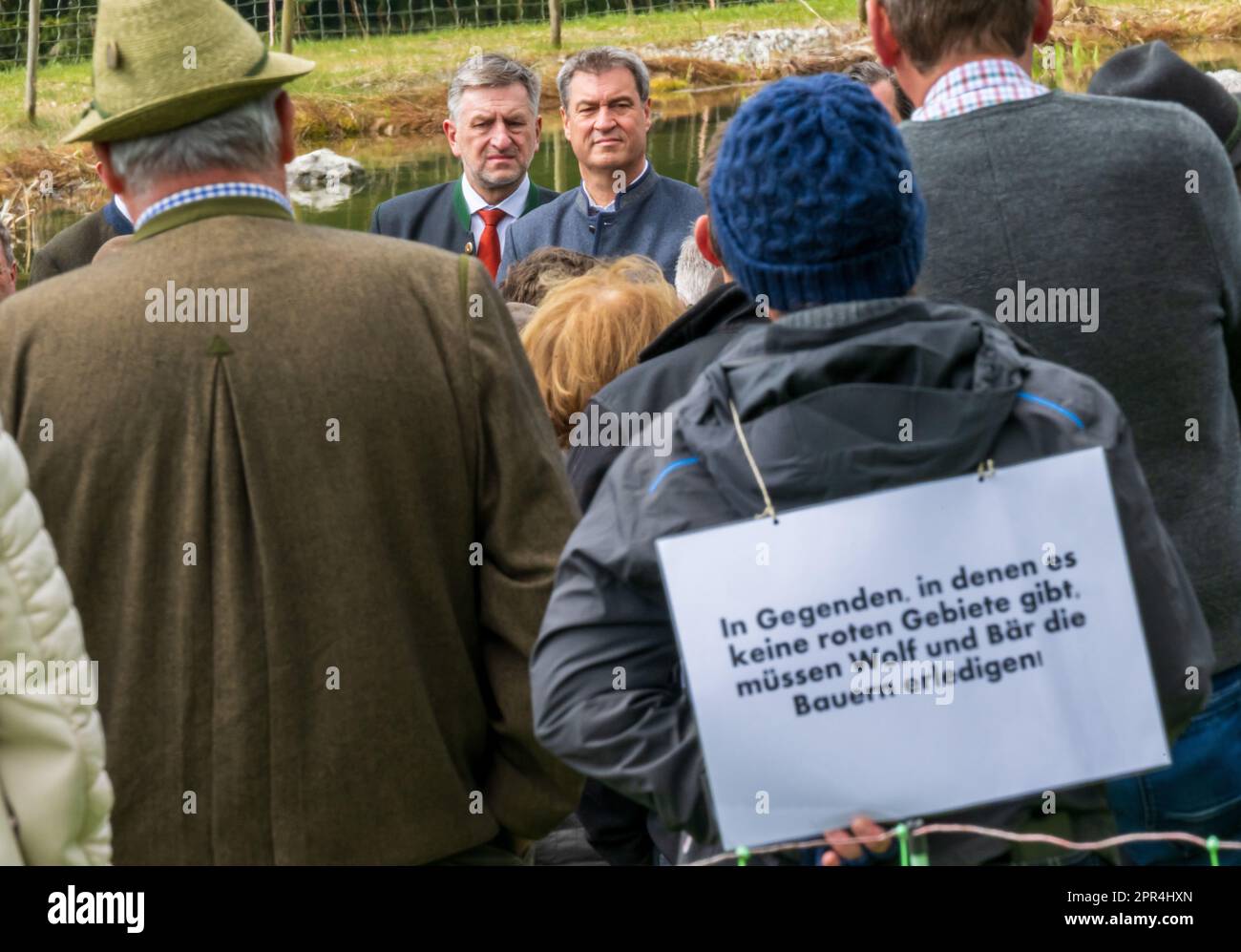 Oberaudorf, Germany. 26th Apr, 2023. Günther Felßner (l), President of the Bavarian Farmers' Association, and Markus Söder, (CSU) Minister-President of Bavaria, take part in an on-site meeting about the sheep killings by a bear in the mountain region near the border. Discussions with tourism representatives, hunters and local politicians are also planned. Credit: Peter Kneffel/dpa/Alamy Live News Stock Photo