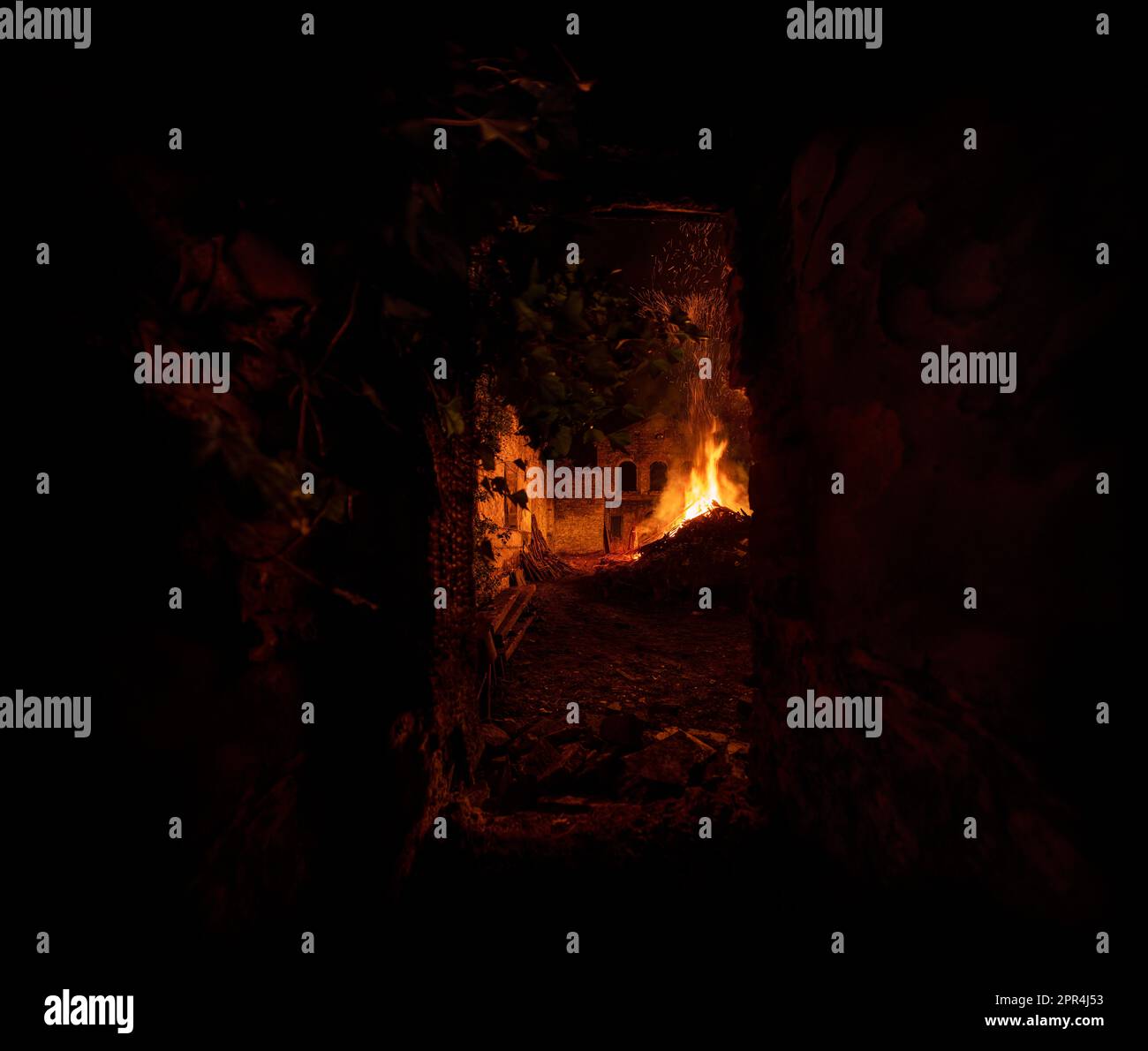 A bonfire in the ruins of Mount Pleasant Chapel, New Mills Derbyshire