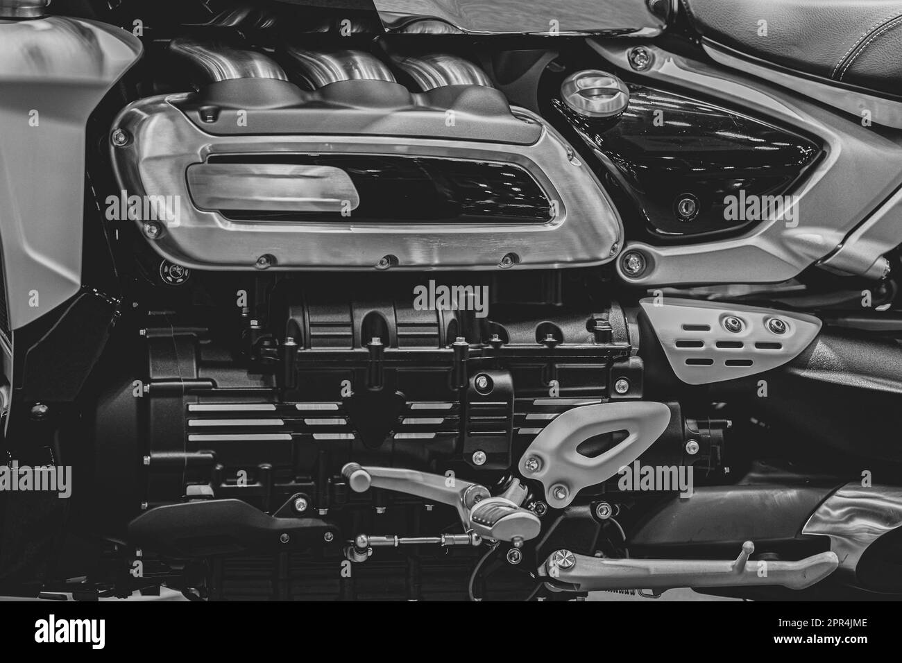 Closeup Motorcycle engine superbike chopper boxster engine art in black and white vintage photography Stock Photo