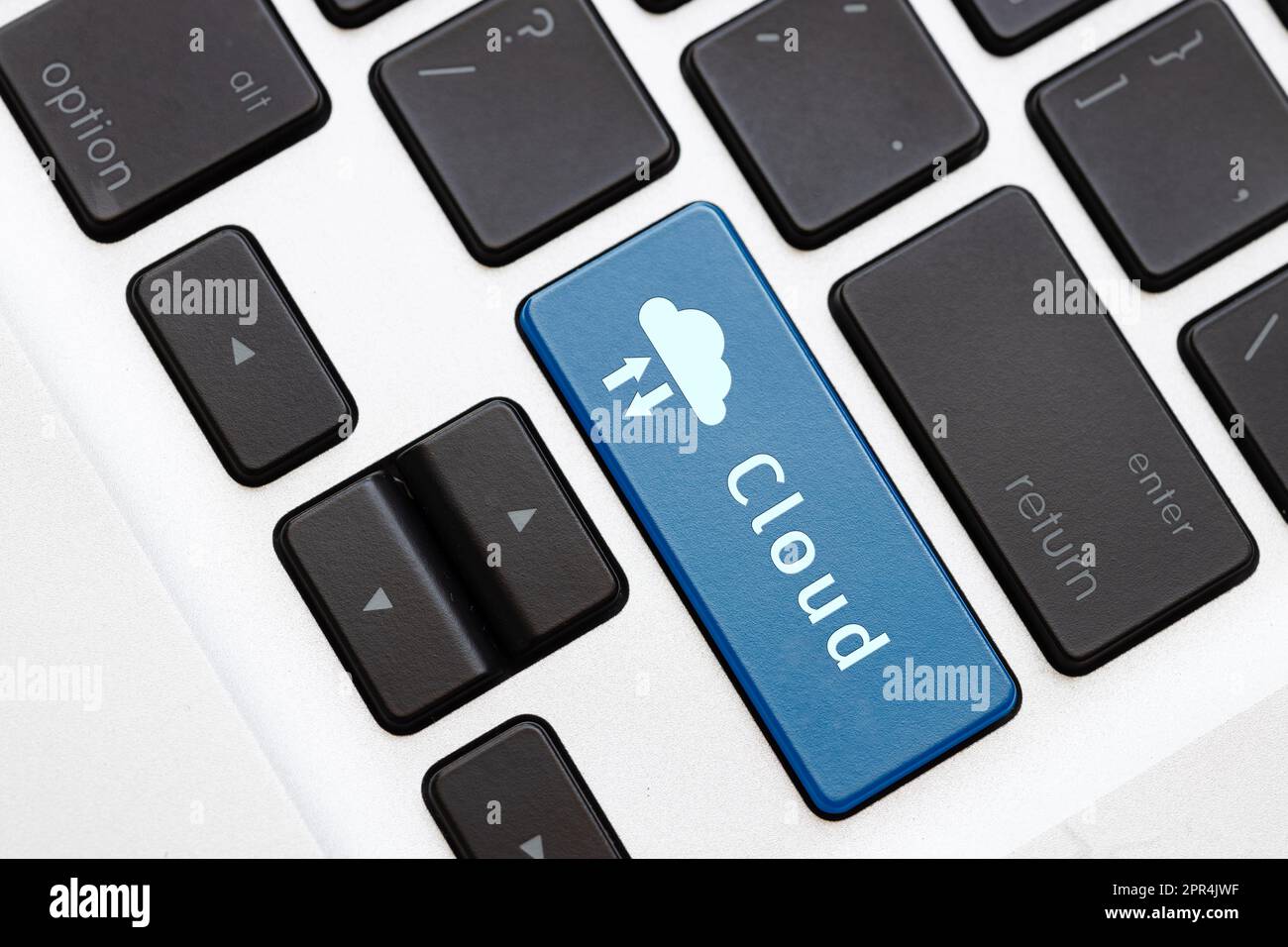 Closeup Cloud text button command text for save upload or download data in computer cloud system server Stock Photo