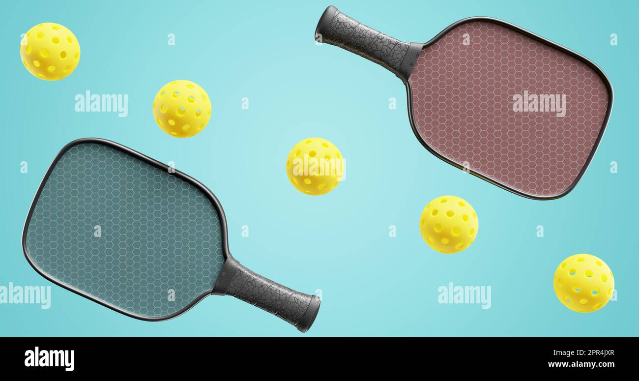 Pickleball multi-colored rackets and balls diagonally in a row. 3d ...