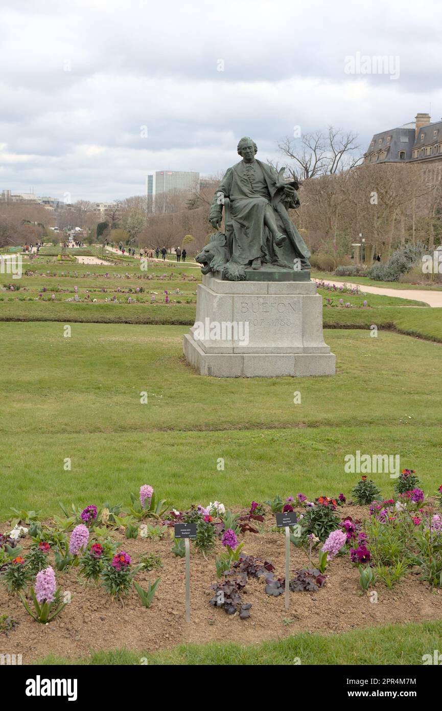 Statue of Buffon in an armchair, on a lion's body in the garden des ...