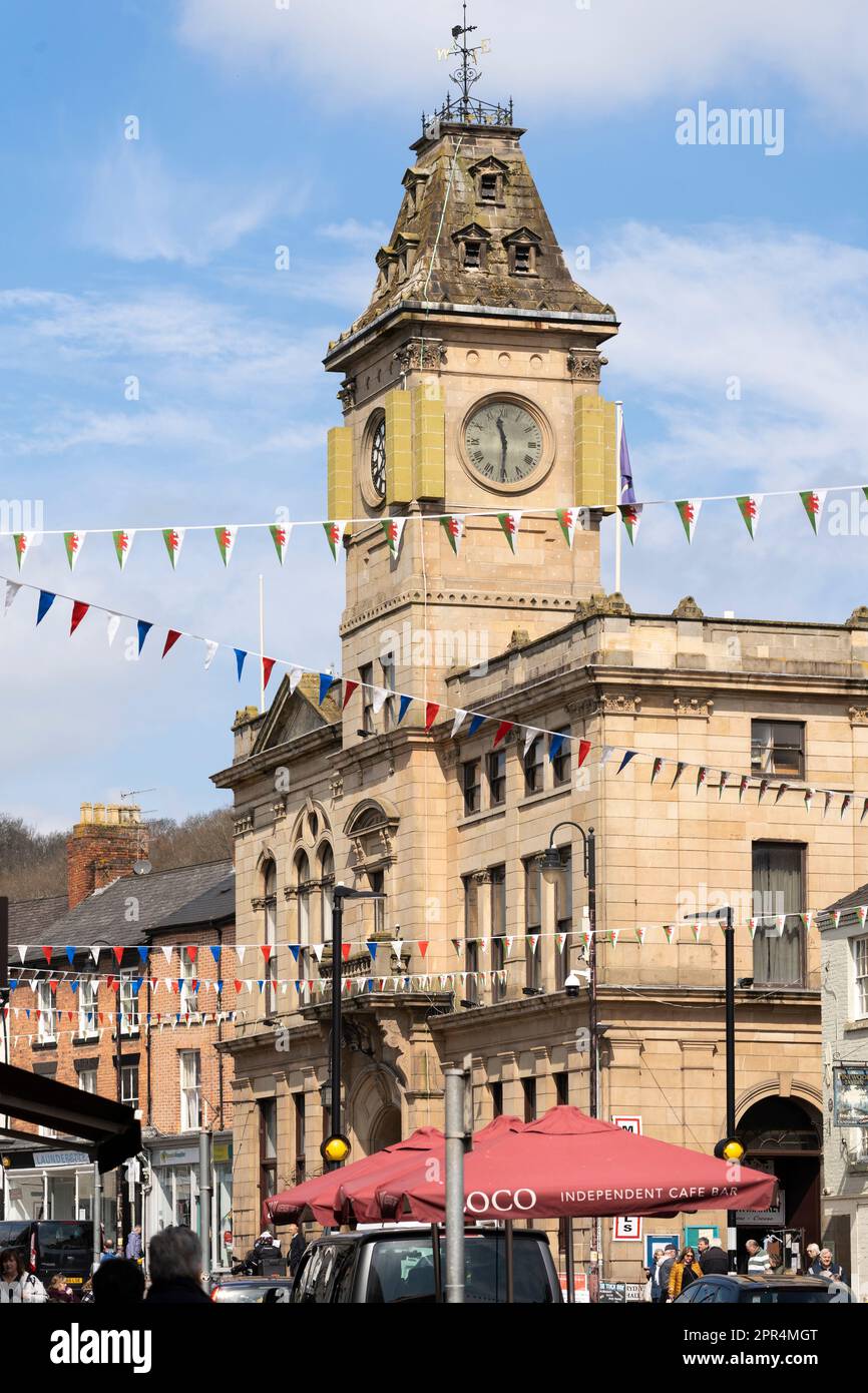 Pennant bunting and the neoclassical Welshpool Town Hall on Broad