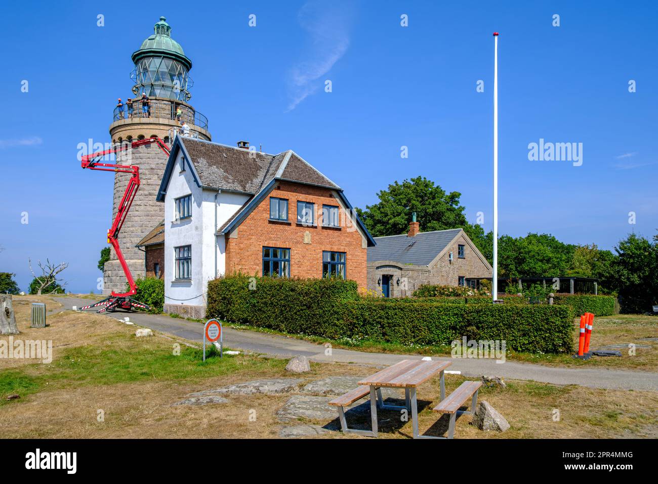 Hammeren Fyr lighthouse on Hammeren headland at the northern tip of Bornholm island, Denmark, Scandinavia, Europe. Stock Photo