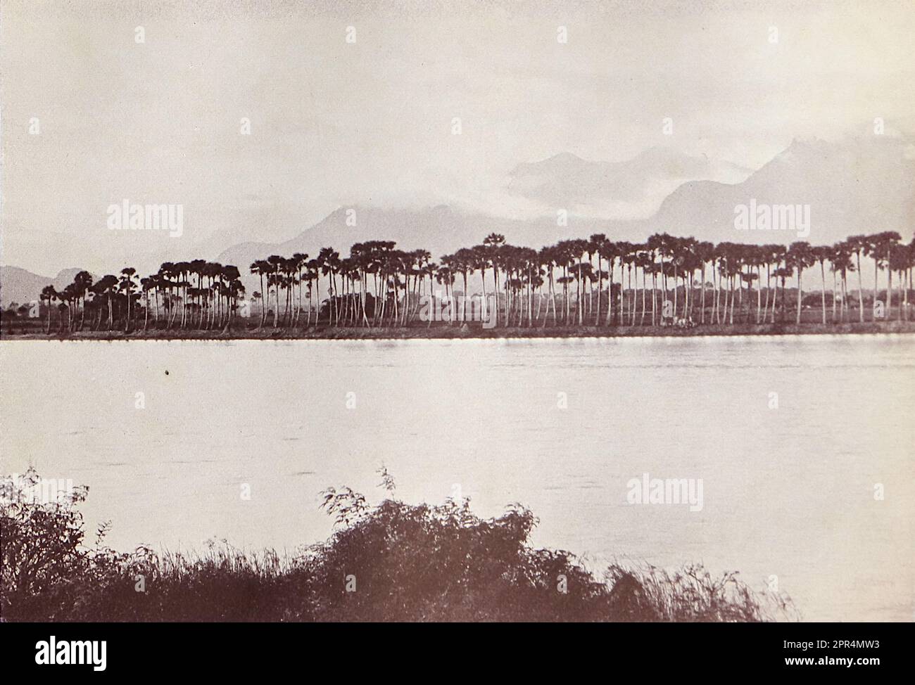 The Red Lake. Water, palm trees on the lake with mountains in the background. Half-tone engraving from a photograph by Mr. Penn of Ootacamund (now known as Ooto), in the Tamil Nadu region of Southern India, c1912. The image relates to the Church of England Zenana Mission’s nursery and compound in Dohnavur, also in Tamil Nadu and about thirty miles from the southern tip of India. The compound was run by Amy Wilson-Carmichael and sought to promote Christianity among babies and children (at the time only girls, many who were victims of temple prostitution). Stock Photo