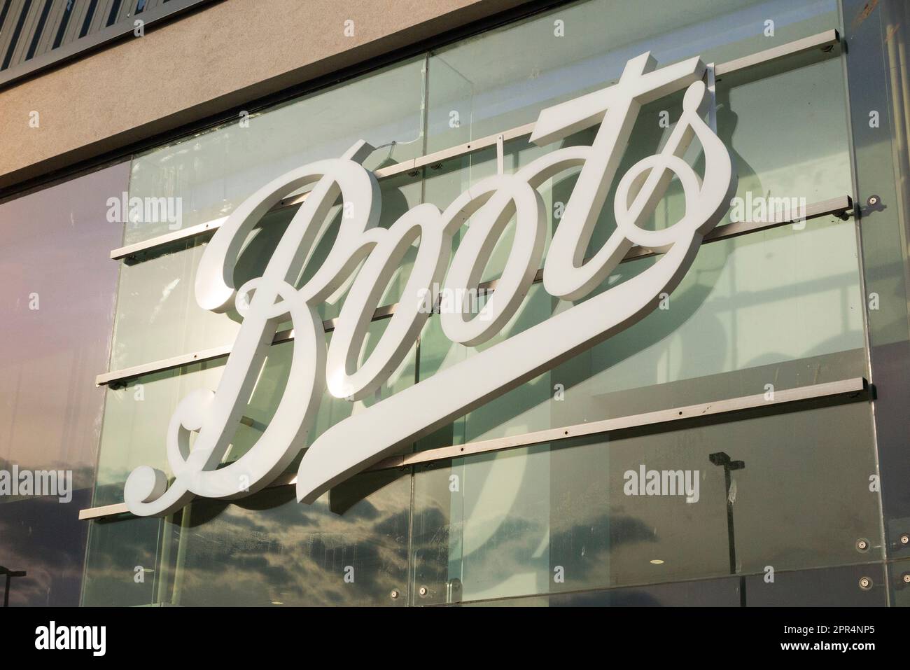 Boots the Chemist store sign on a shop outlet at retail park / out of