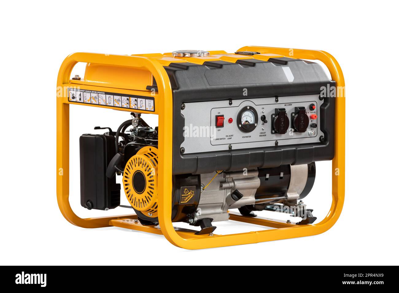 Portable yellow electric generator isolated on white for backup energy Stock Photo