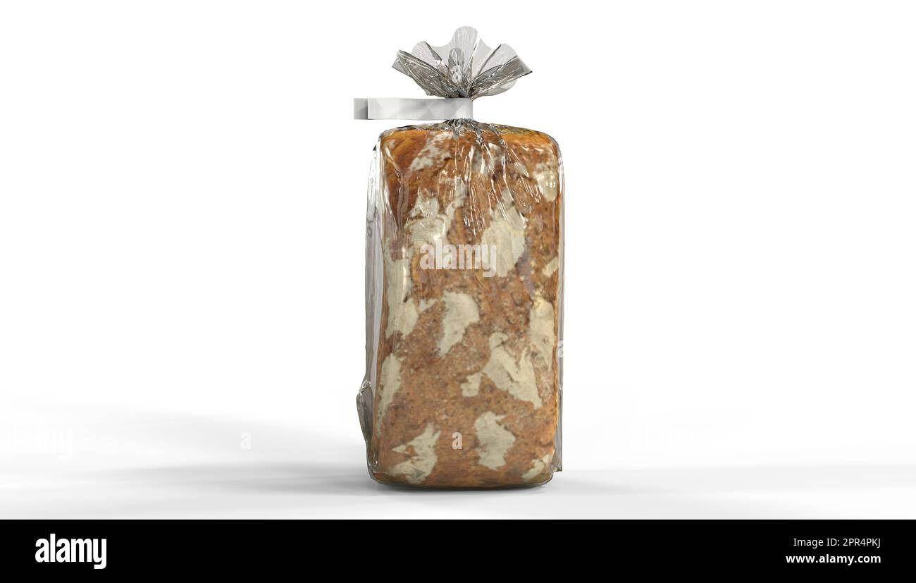 Whole bread bag packaging in transparent foil isolated on white background high quality details.3d rendering Stock Photo