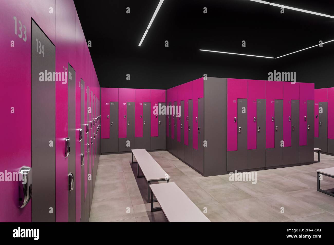 Sport wardrobe, locker room in sport club. Pink dressing room Stock Photo