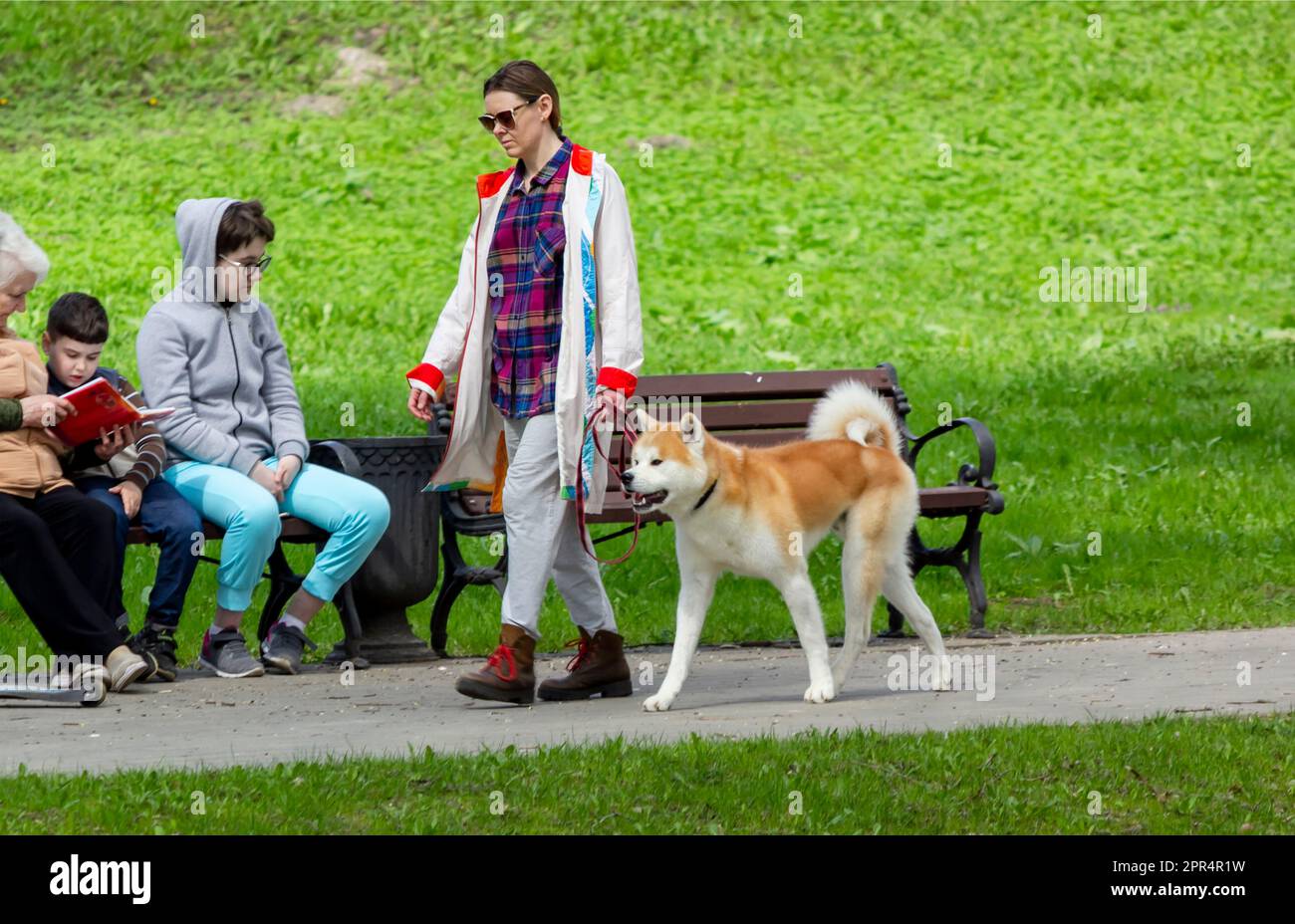 A girl walks in the park with her dog. An elderly woman sits on a bench with her grandchildren and reads a book. April 23, 2023 , Belarus Stock Photo