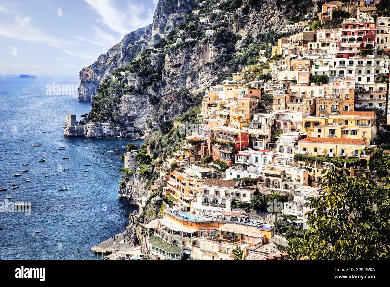 Positano cascades to the ocean on the Amalfi coast in Campania, Italy. Stock Photo