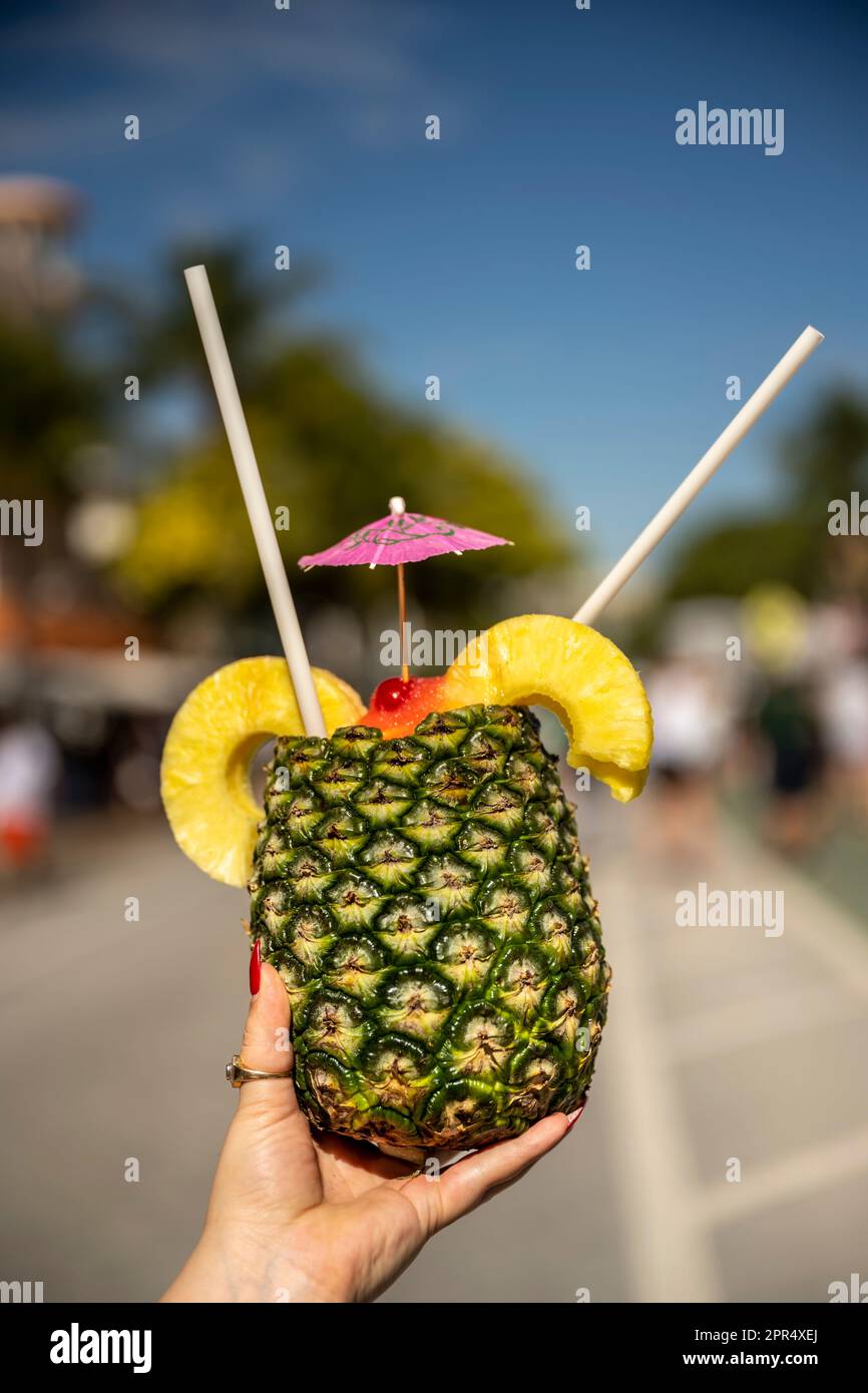 Pina Colada Cocktail on Ocean Drive Miami, Florida. Stock Photo