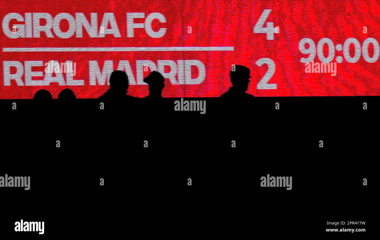 Score at full time during the La Liga match between Girona FC and Real Madrid played at Montilivi Stadium on April 25, 2023 in Girona, Spain. (Photo by Sergio Ruiz / PRESSIN) Stock Photo