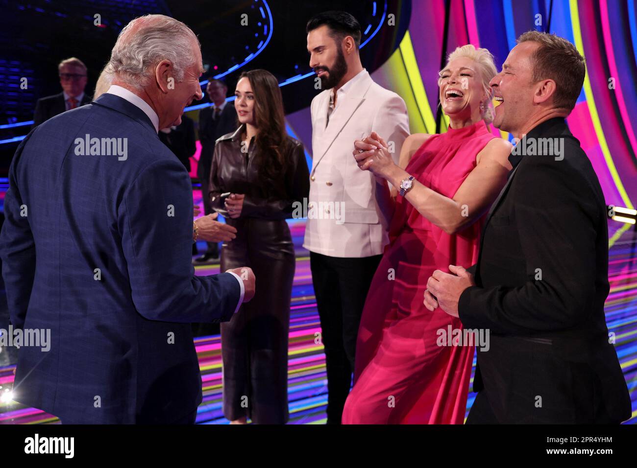 Britain's King Charles III, left, and Camilla, the Queen Consort, meet