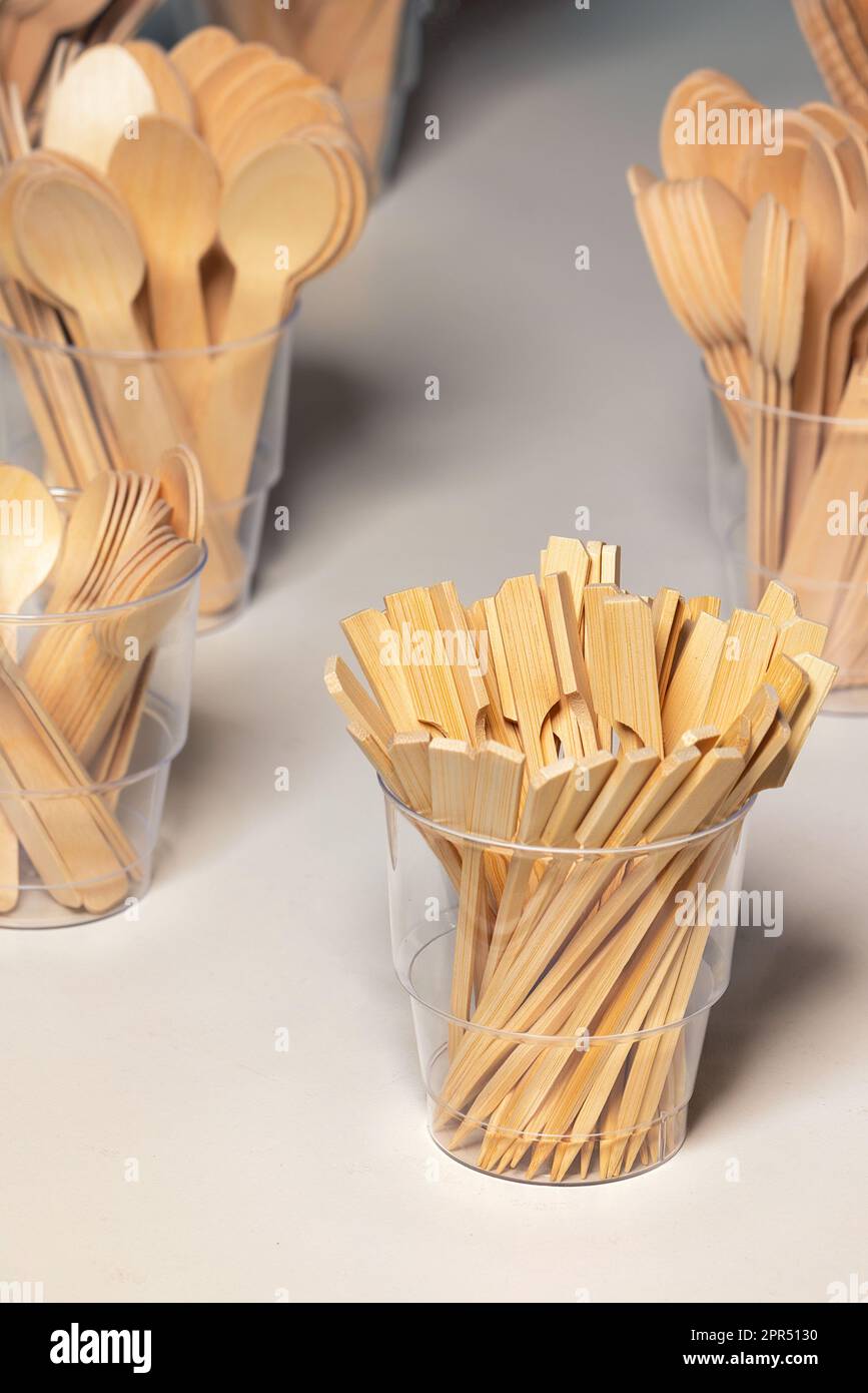 Ecofriendly disposable kitchen utensils, bamboo skewers in a plastic