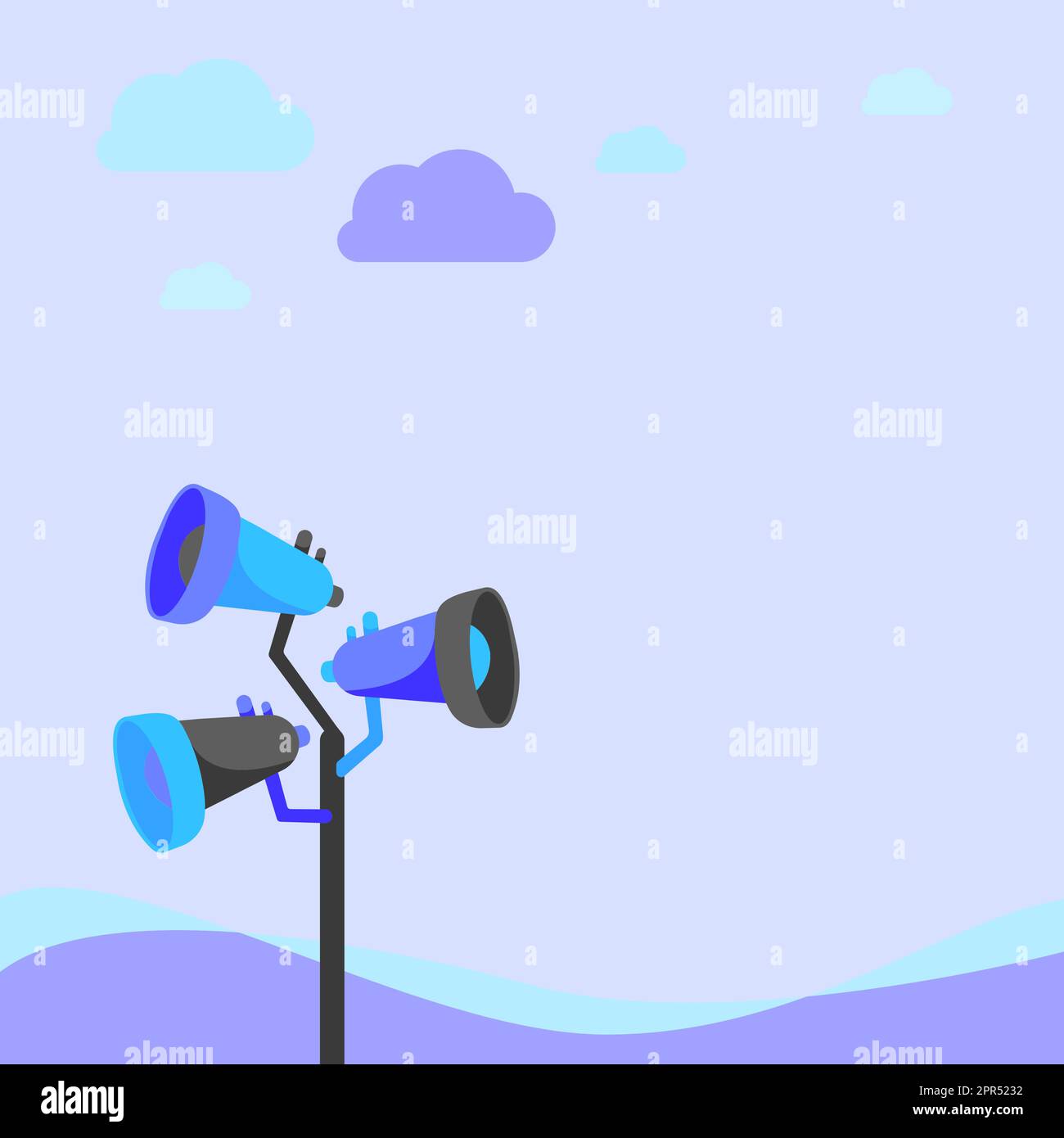 Pole Megaphones Drawing Making New Announcement To An Open Space Under The Clouds. Bullhorn Speakers In A Mast Drawing Producing Late Advertisement At Defoliated Area. Stock Vector