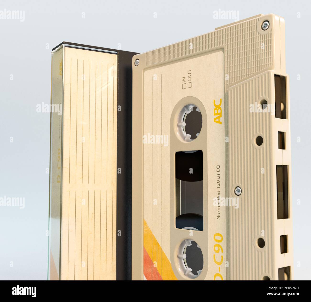 A concept of a recordable aduio cassette tape with a platic cover and cardboard insert - 3D render Stock Photo