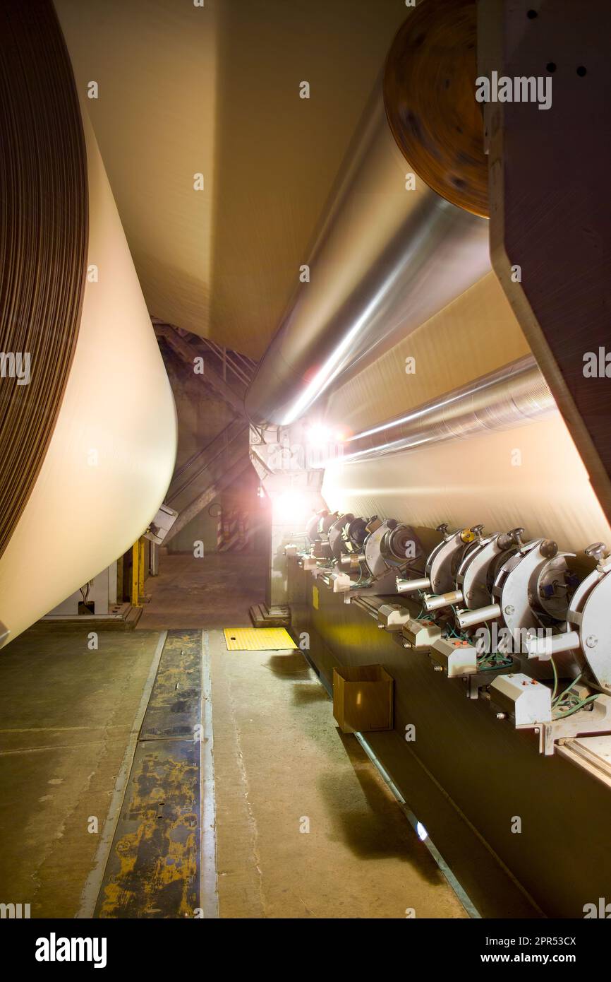 Big rolls of paper coming out of the machinery in a paper mill plant