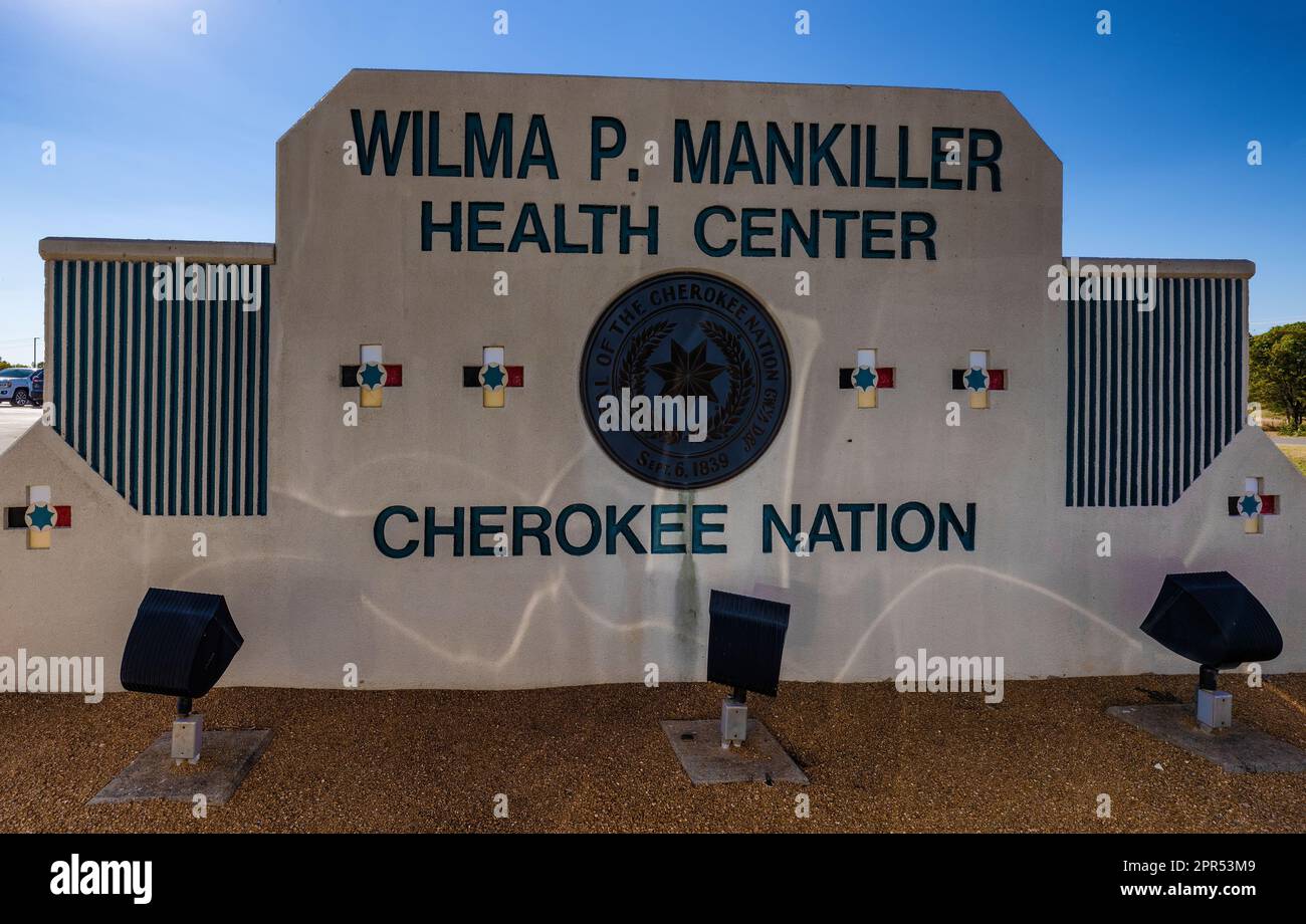 Stilwell, Oklahoma, USA - September 29, 2022: Sign in front of the Native American Health Center named after Primary Chief Wilma P. Mankiller opening Stock Photo