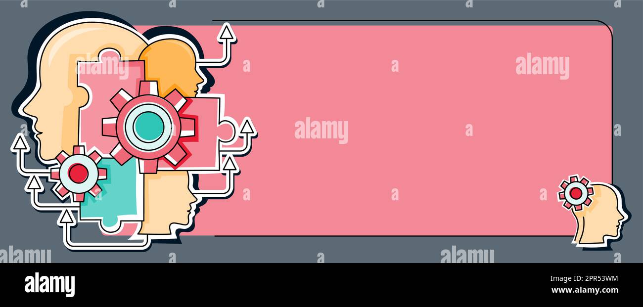 Multiple Heads With Cogs Showing Technology Ideas. Gears In Brain Symbols Design Displaying Mechanical And Technical Idea. Stock Vector