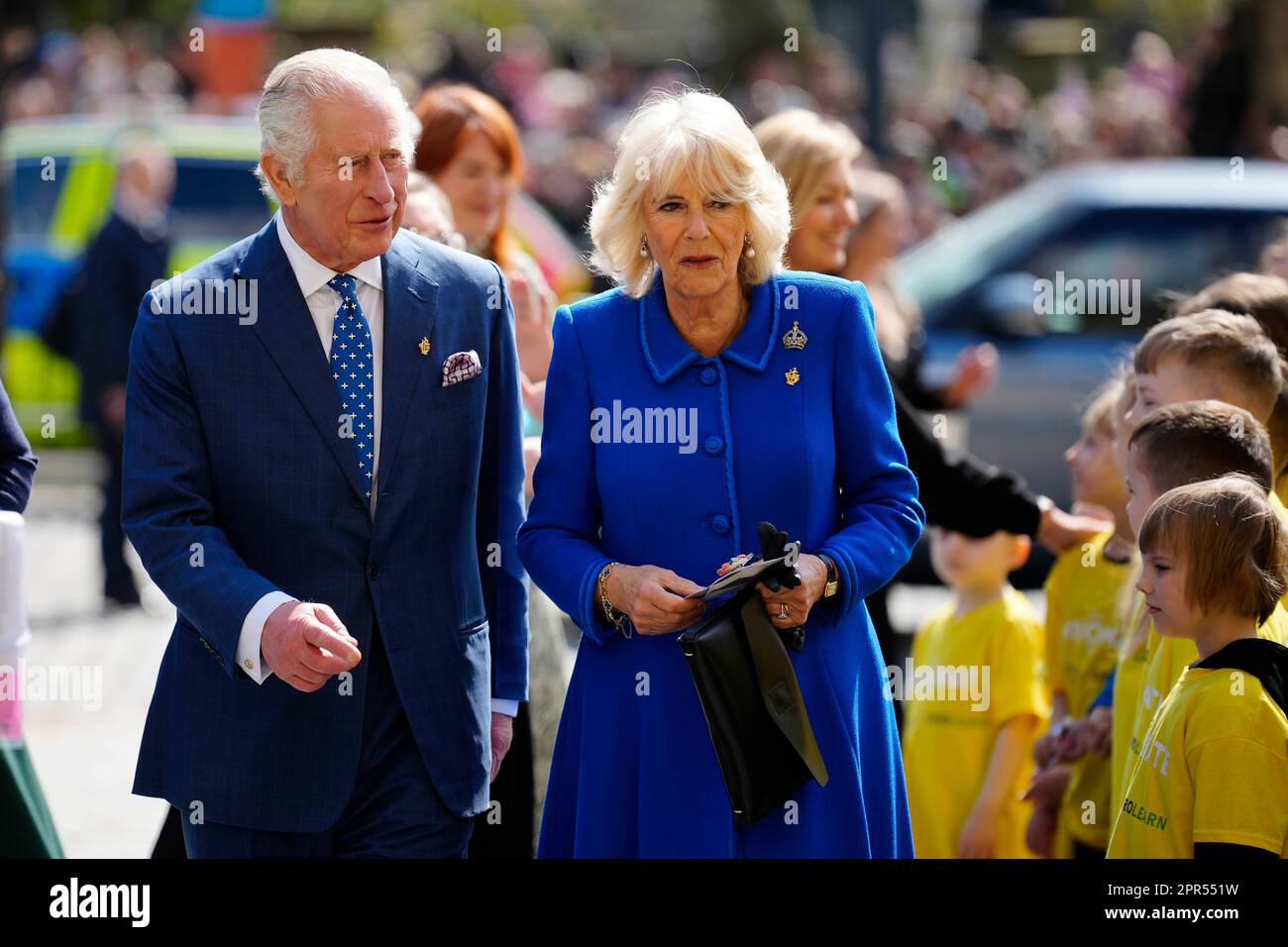 King Charles III and the Queen Consort during a visit to Liverpool Central Library, to officially mark the library's twinning with Ukraine's first public library, the Regional Scientific Library in Odesa. The royal couple will meet with key partners involved in both a two-week cultural festival that will run alongside the Eurovision contest, and Eurolearn, a Eurovision-inspired education programme for primary and secondary pupils. Picture date: Wednesday April 26, 2023. Stock Photo