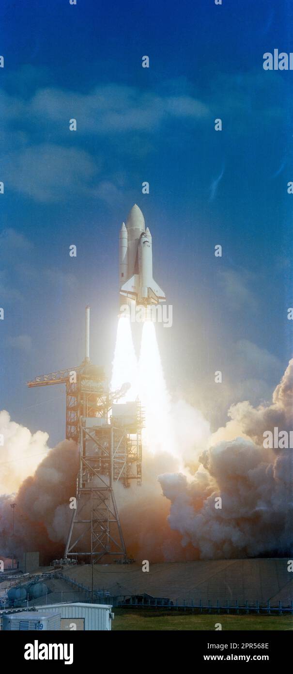 The 122 foot tall Space Shuttle Orbiter Columbia mated to its external fuel container (ET) and two solid rocket boosters (SRB) lifts off from Launch Pad 39A for the begining of STS-2. Stock Photo