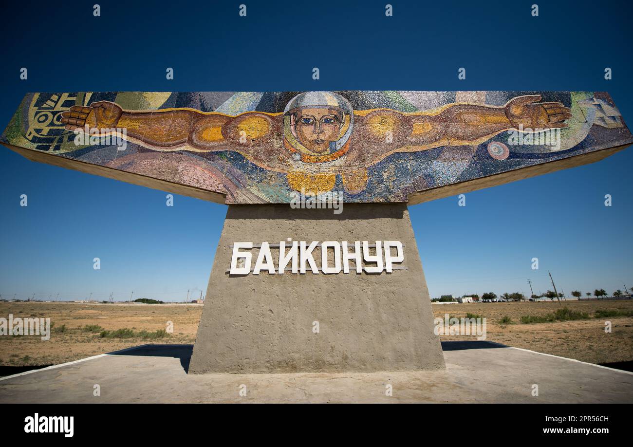 A space themed mural made of tile is seen at the entrance to the town of Baikonur, Kazakhstan on Saturday, May 25, 2013.  Launch of a Soyuz rocket to the International Space Station (ISS) with Expedition 36/37 Soyuz Commander Fyodor Yurchikhin of the Russian Federal Space Agency (Roscosmos), Flight Engineers; Luca Parmitano of the European Space Agency, and Karen Nyberg of NASA, is scheduled for Wednesday May 29, Kazakh time. Yurchikhin, Nyberg, and, Parmitano, will remain aboard the station until mid-November. Photo Credit: (NASA/Bill Ingalls) Stock Photo