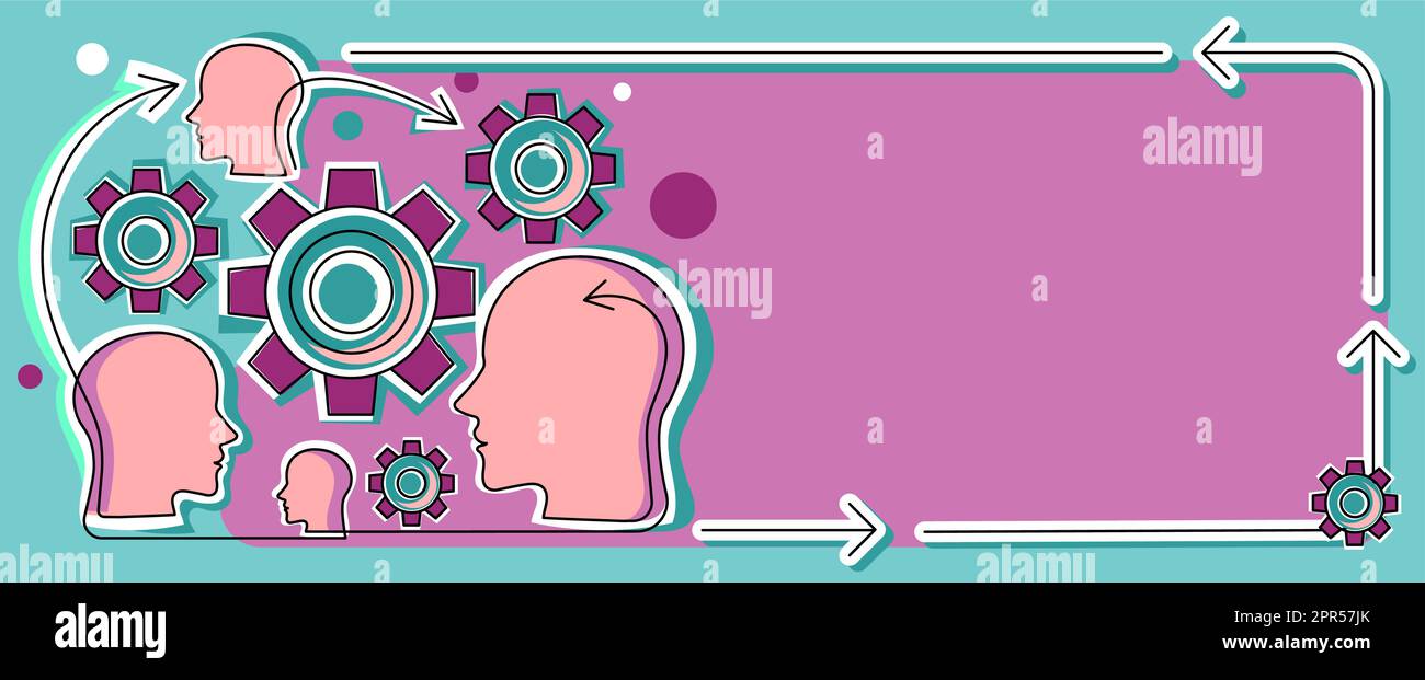 Multiple Heads With Cogs Showing Technology Ideas. Gears In Brain Symbols Design Displaying Mechanical And Technical Idea. Stock Vector