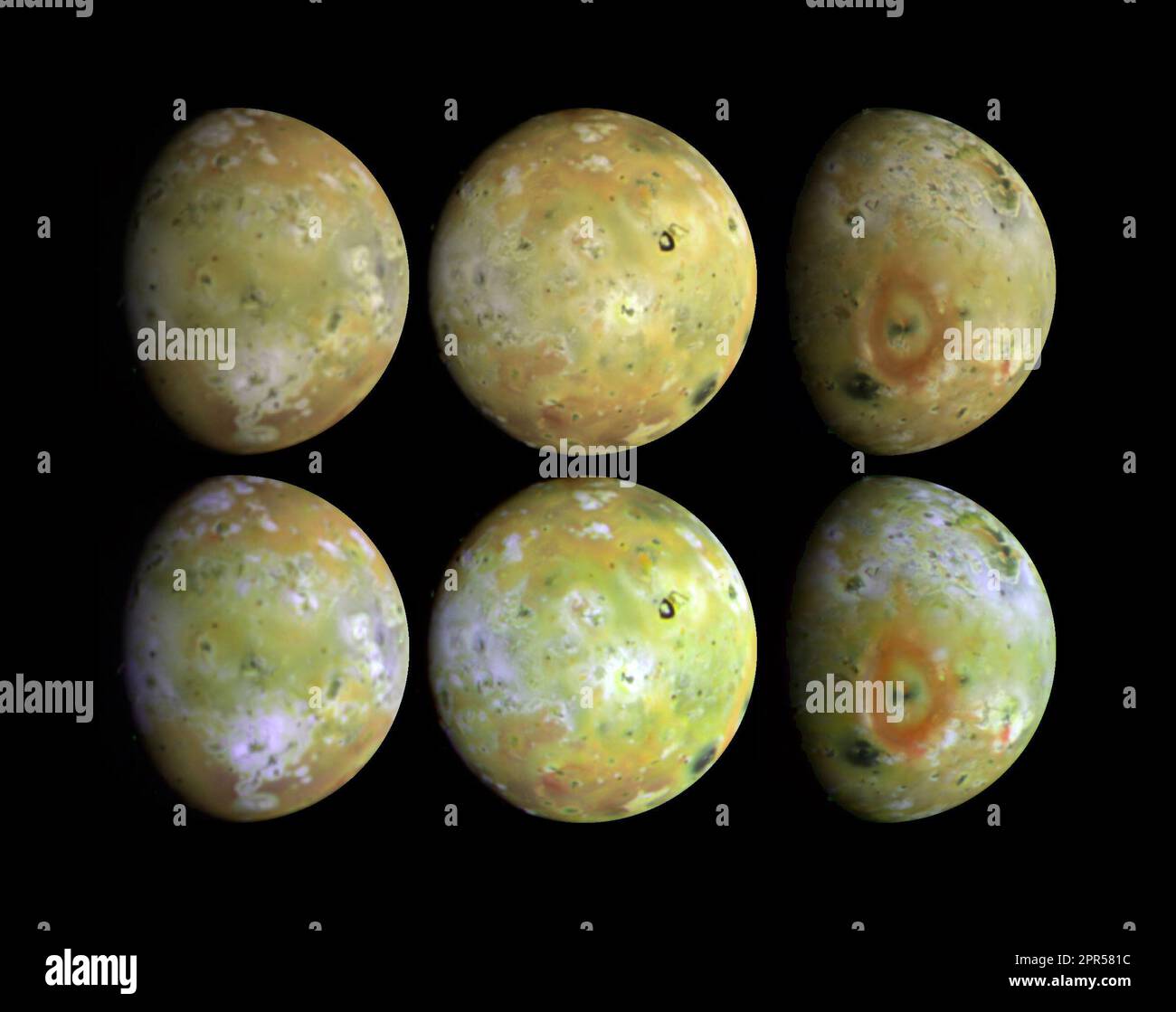 Three views of the full disk of Jupiter's volcanic moon, Io, each shown in natural and enhanced color. These three views, taken by Galileo in late June 1996, show about 75 percent of Io's surface. North is up. The top disks are intended to show the satellite in natural color (but colors will vary with display devices) while the bottom disks show enhanced color (near-infrared, green, and violet filtered images) to highlight details of the surface. These images reveal that some areas on Io are truly red, whereas much of the surface is yellow or light greenish. (Accurate natural color renditions Stock Photo